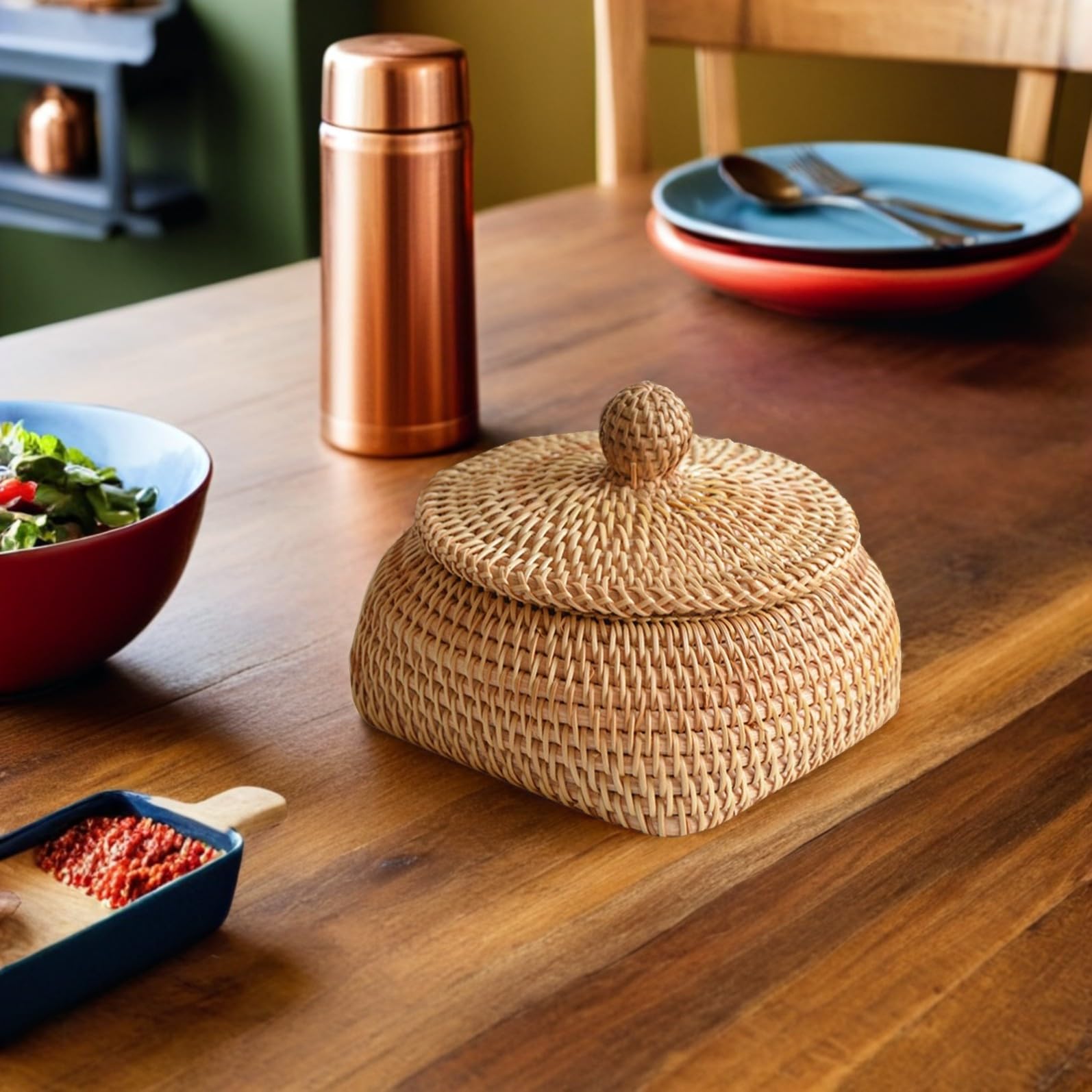 Cestino Porta Oggetti in Rattan Intrecciato, Organizer da Tavolo per Telecomandi, per Tavolino da Tè e Soggiorno, Decorativo e Delicato