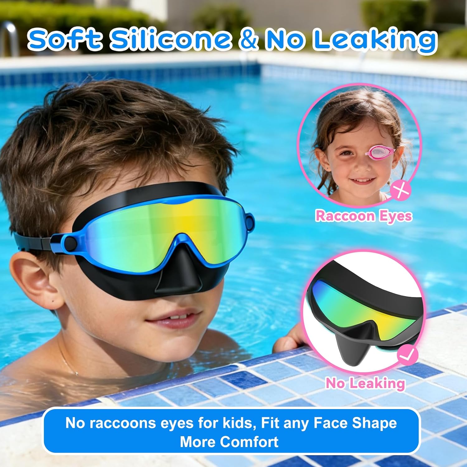 Swim Goggles with Nose Cover for Kids Adult, 4 Pack Wide View Anti-Fog/UV No Leak Pool Water Swimming Goggles