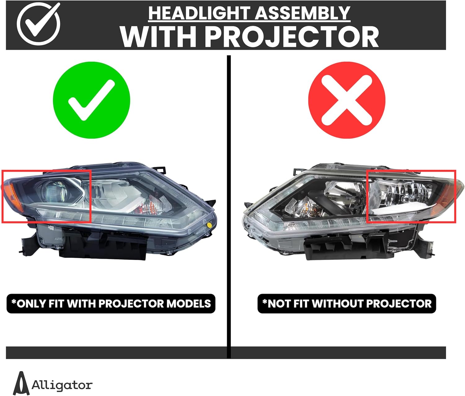 ALLIGATOR AUTO LIGHTS Headlamps Compatible with Nissan Rogue SL 2014 2015 2016, DOT/SAE Compliant LED Headlights Assembly with Bulbs, Left Side/Driver Side, Partslink: NI2502228 / OEM: 26060-4BA5A