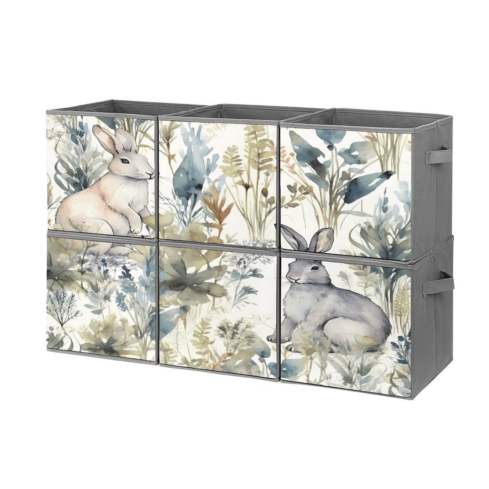 Btcowzrv Style Hand Drawn Rabbit Storage Cubes, 6 Pack Oxford Fabric Foldable Collapsible Bins With Handles, Cubby Storage Baskets Boxes For Closet Shelves Office Organization
