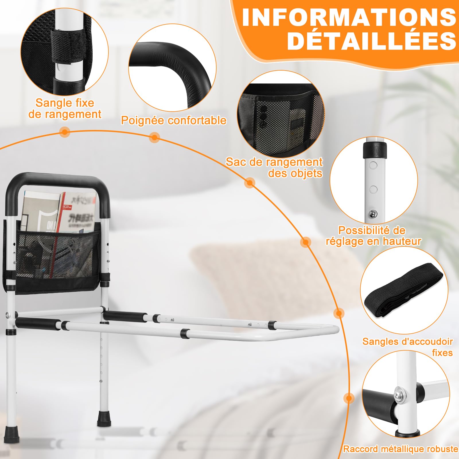 OUUTMEE Barriera del letto con piede di sostegno, regolabile in altezza, max. 150 kg | Maniglie per letto di sostegno, maniglia antiscivolo, borsa di stoccaggio, anti-caduta e sicurezza per anziani