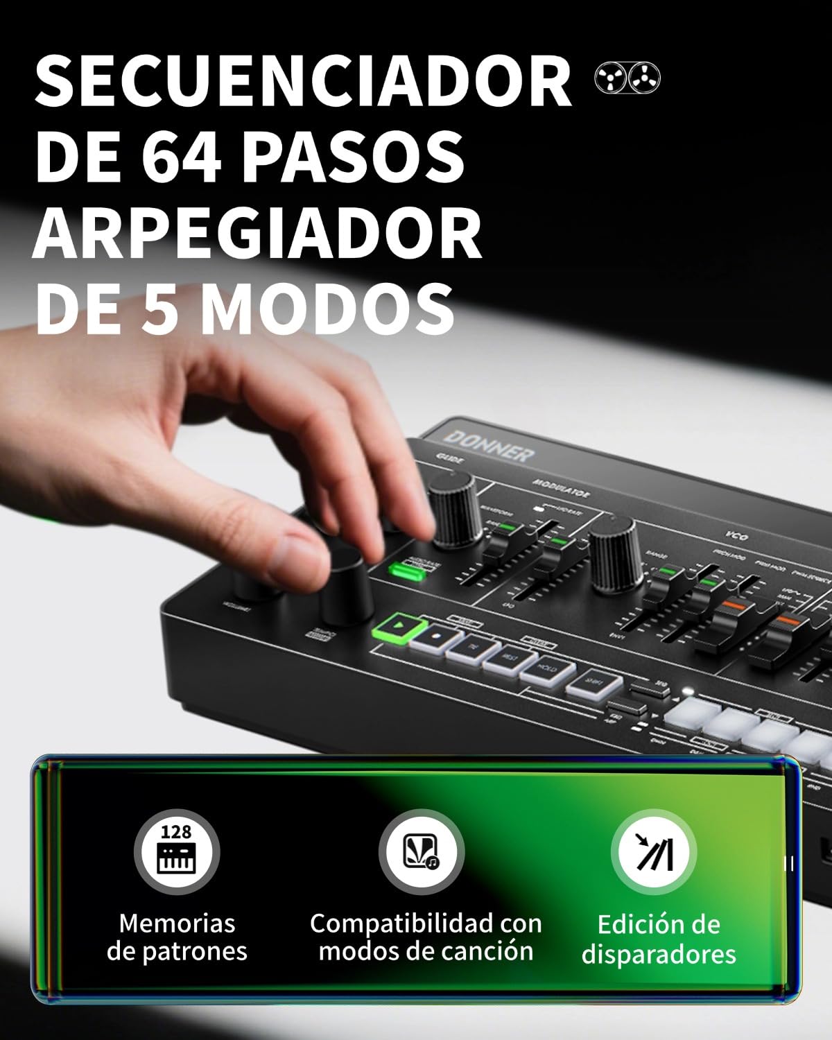 Donner ESSENTIAL L1 Sintetizzatore con Sequencer a 64 Passi, Sistema Modulare Magnetico S2C, Synth Portatile con CV/GATE/SYNC I/O