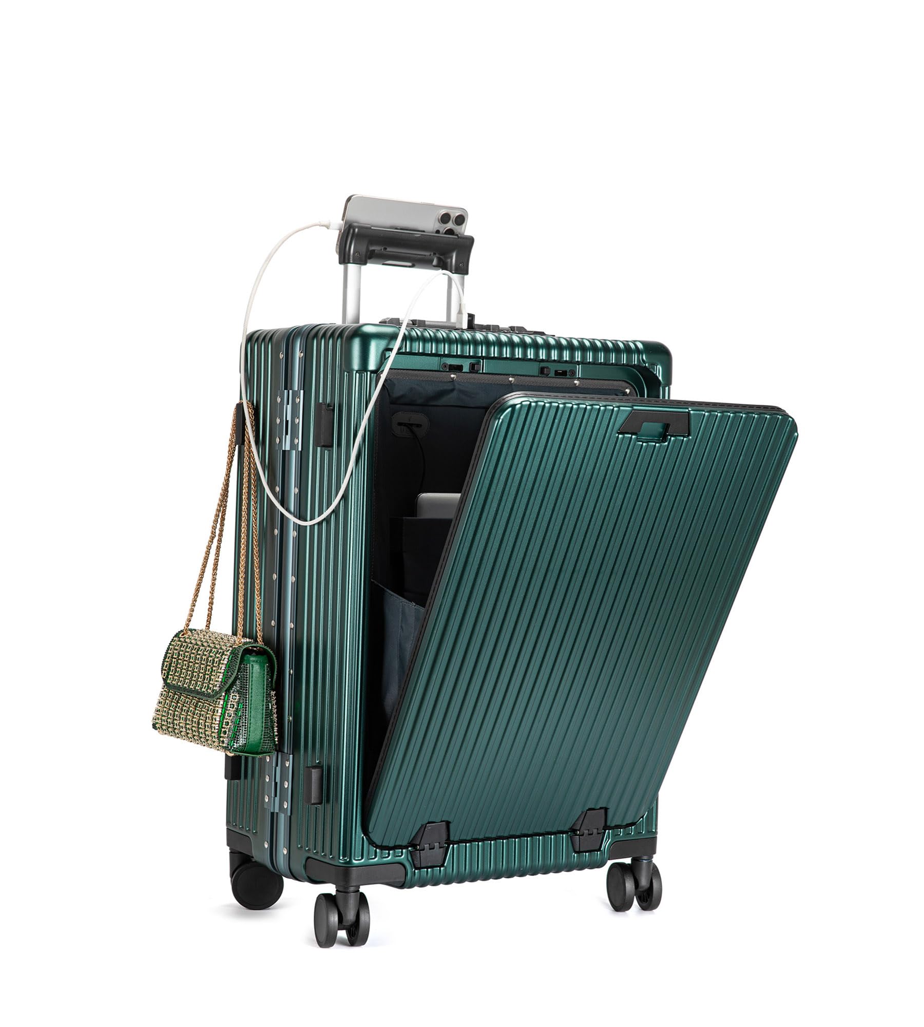 Aluminium Frame PC Hard Shell Spinner Wheels Luggage,20.8"X15"X8.7 Airline Approved Built-In TSA lock Carry on Suitcase, with Cup Holder, USB Port, Phone Holder