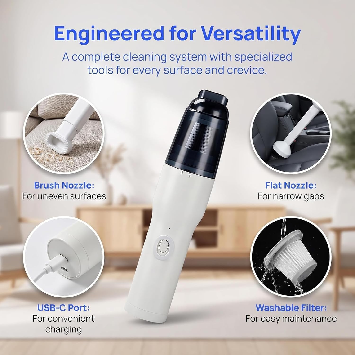 Aspiradora De Posos De Café, Mini Aspiradora De Escritorio Inalámbrica, Herramienta De Limpieza Portátil De 22000 Pa Con Doble Succión, 3 Boquillas, Depósito De Polvo De 200 Ml Y Carga Usb-c Para