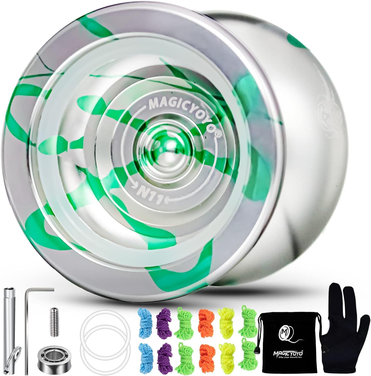 Magic Yoyo N11 Professional Unresponsive Alloy Aluminum Yo-Yo Ball with Bag, Glove, 12 Strings and Responsive Bearing Kit (Silver Green)
