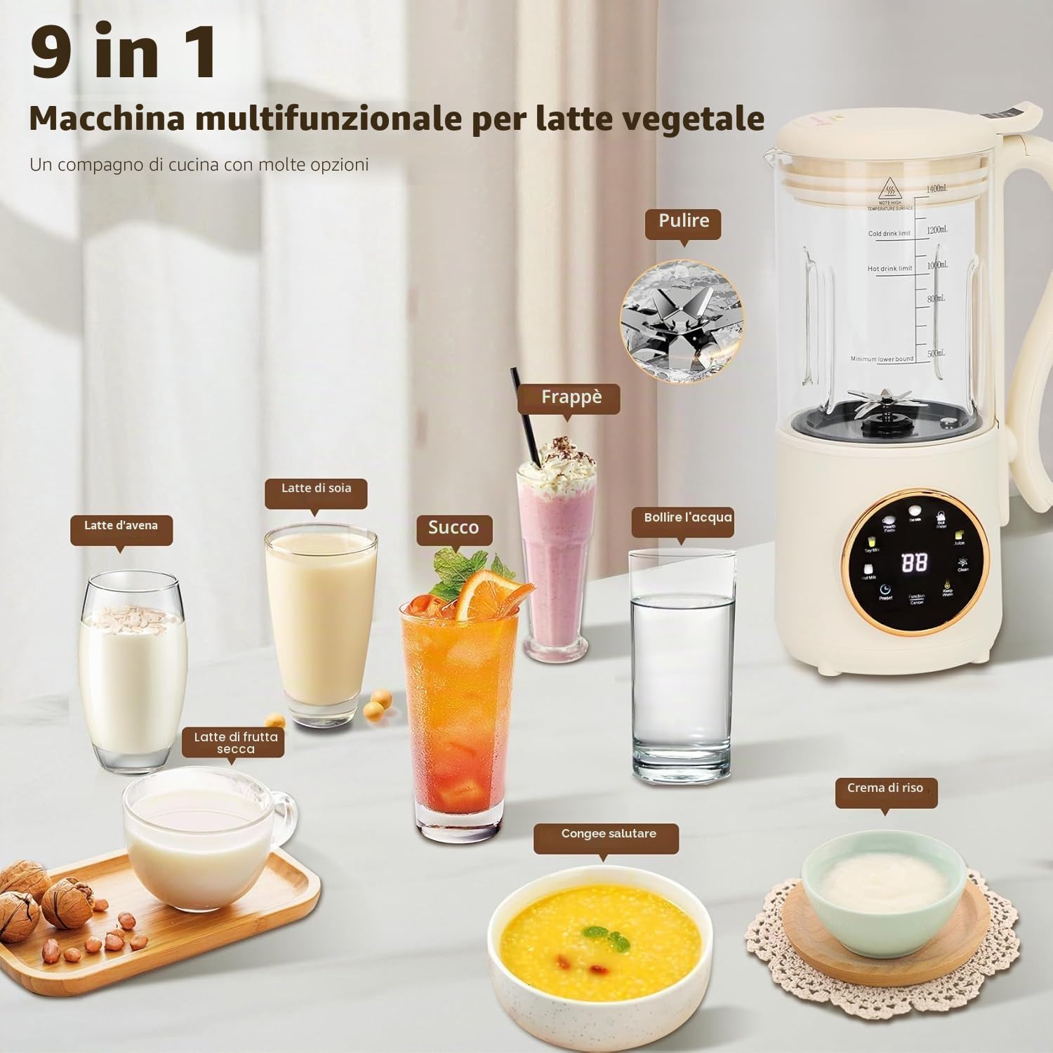 Macchina per latte di soia automatica 9 in 1, 1400 ml, con autopulente, 16 lame per latte di mandorle, latte d'avena, latte vegetale, succo con timer di ritardo 24 ore, acqua bollente e mantenimento