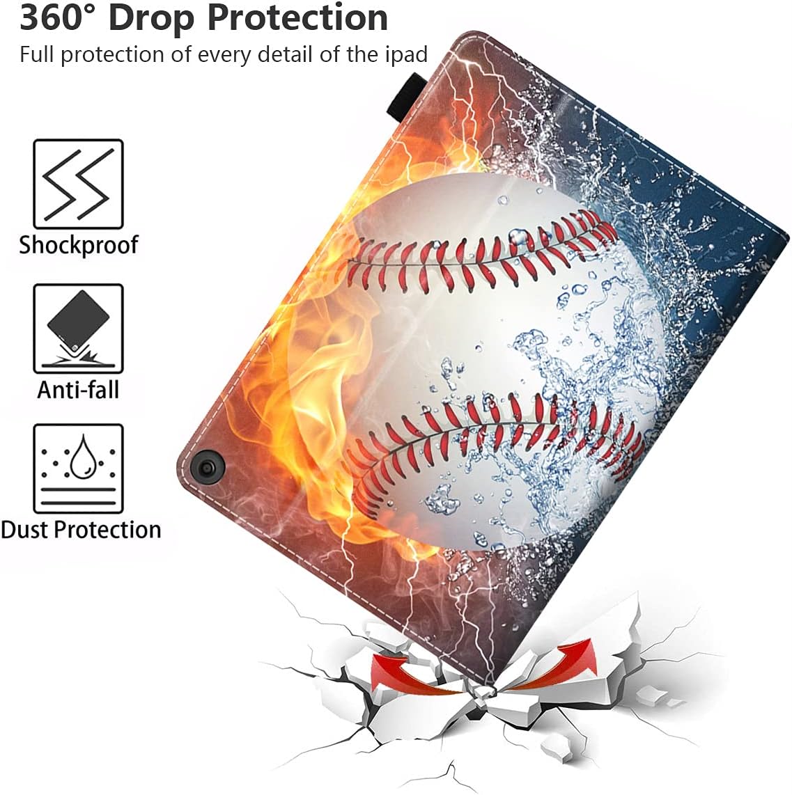 Case for Amazon Fire HD 10 & Fire HD 10 Plus Tablet (11th Generation, 2021 Release) - Premium PU Leather Cover with Auto Sleep Wake, Burning Baseball Fire and Water