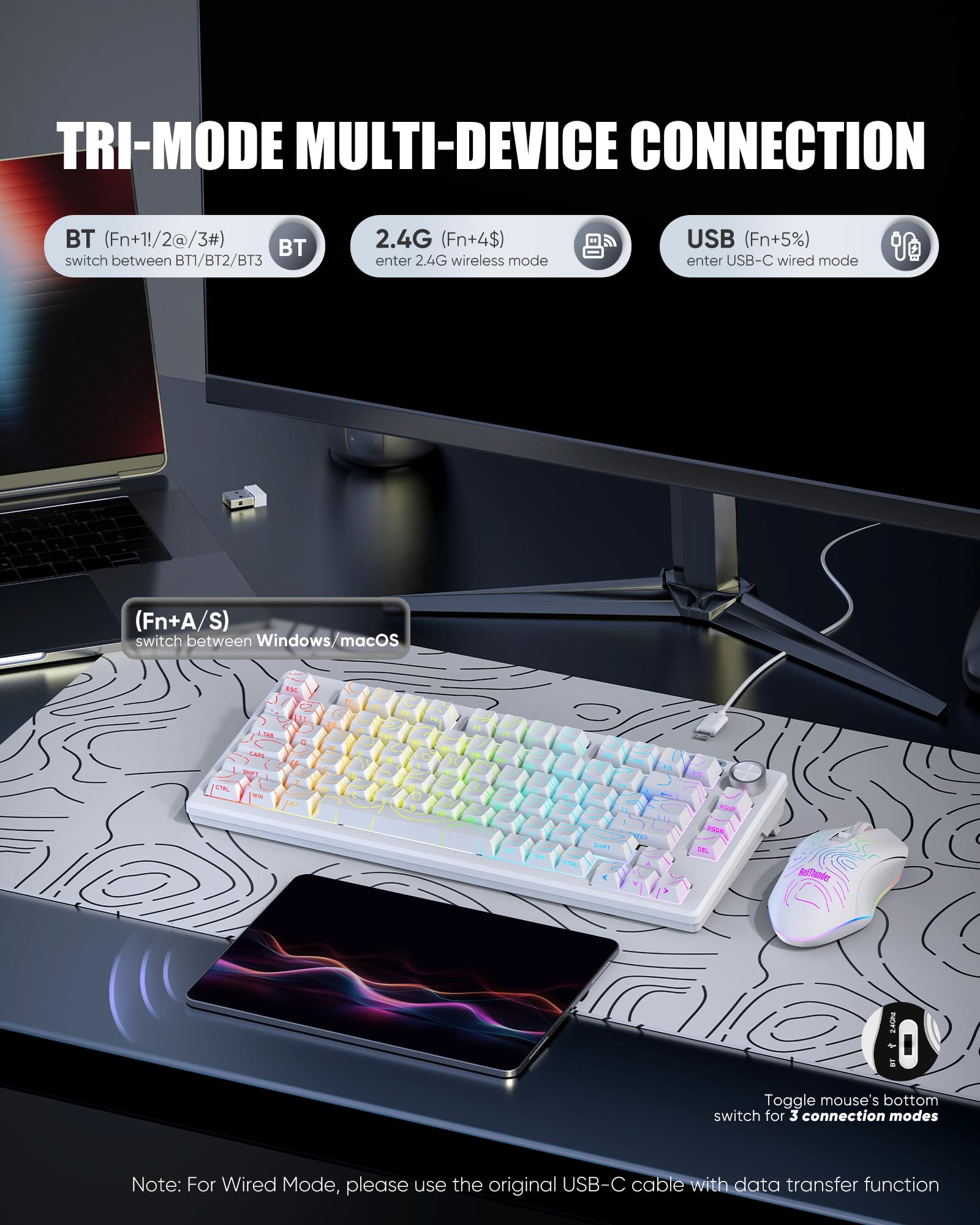 RedThunder K75 75% Wireless Membrane Keyboard and Mouse,3-Mode 2.4G/BT/USB-C,US Layout Side-Engraved,Volume Knob,TKL Ultra Compact Design,Optical Gaming Mouse with 4800DPI for PC Mac (Contour White) - 5