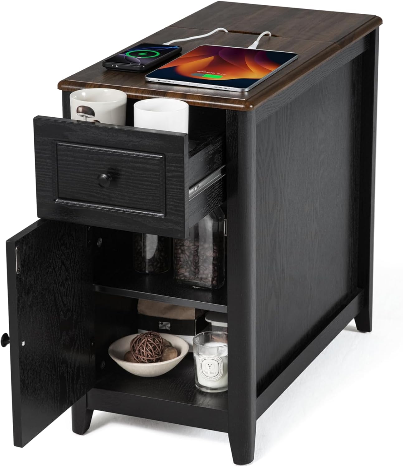 Farmhouse End Table with Charging Station, USB-C, Narrow Side Table with Storage Cabinet and Deep Drawer, Small Nightstand with Hidden USB Ports and Outlets for Living Room, Bedroom, Office,Black