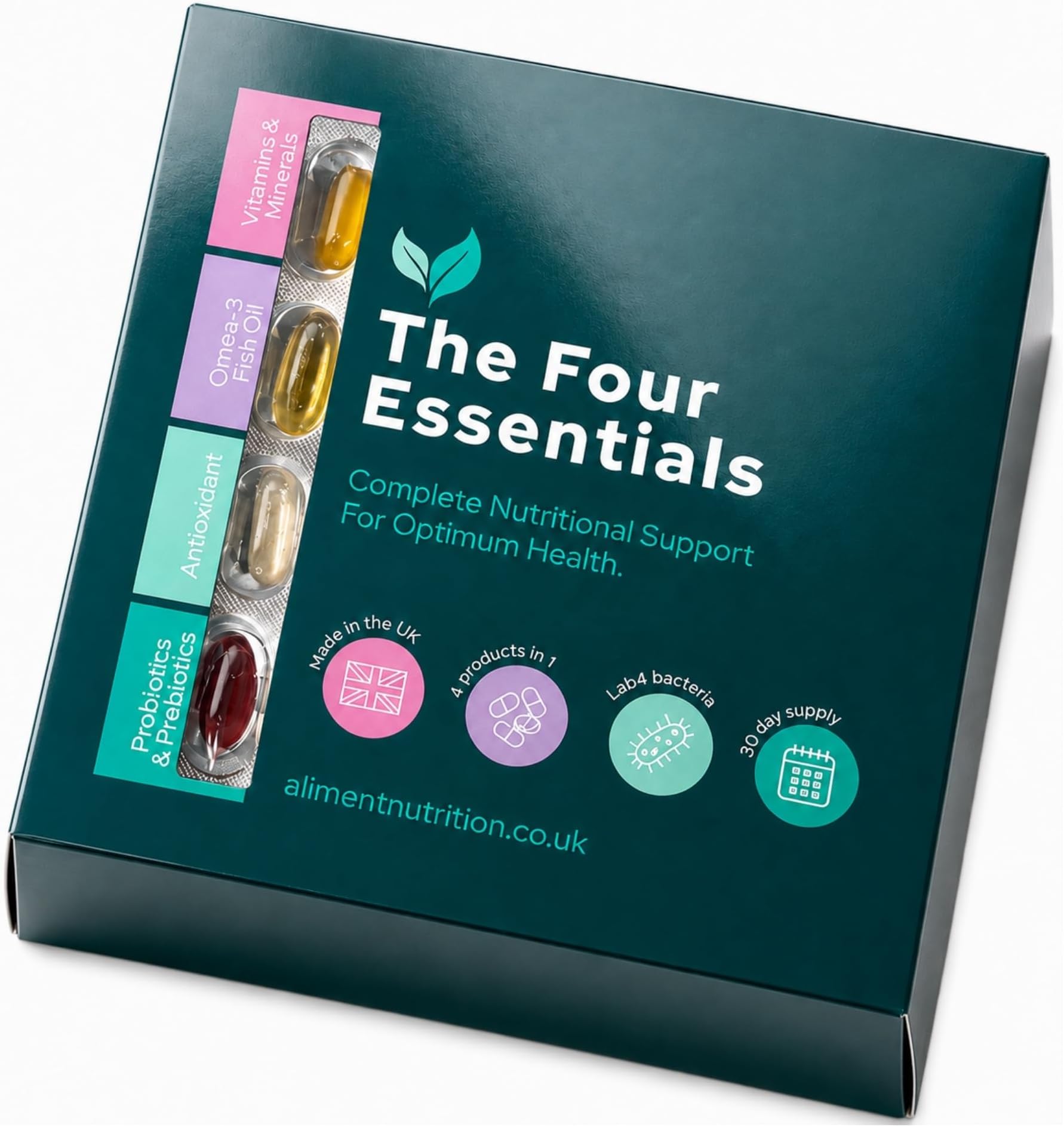 Aliment Four Essentials Health Pack โ Complete Daily Nutrition System | Multivitamin, Omega-3, Antioxidants & Lab4ยฎ Probiotic | 30 Day Supply | UK Made