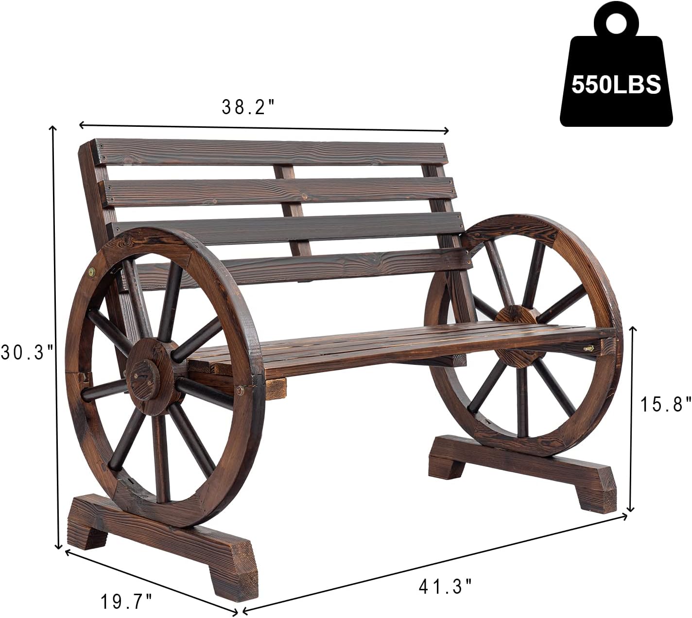 Wagon Wheel Bench, Wooden Outdoor Bench 2-Person Seat, Rustic Patio Benches with Backrest for Porch, Garden Brown 19.7inchD x 41.3inchW x 30.3inchH