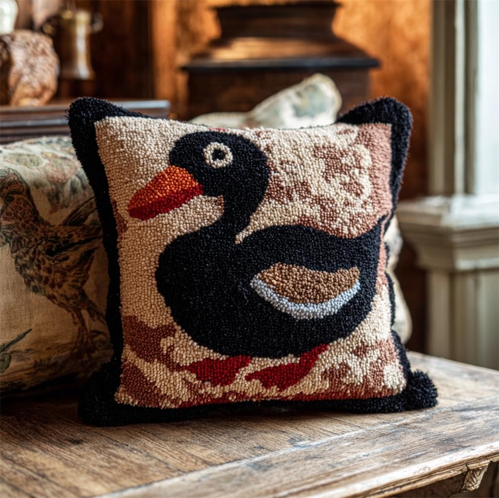 kitphoenix Latch Hook Kits, Latch Hook Kit for Beginners Black Duck Throw Pillow Cover Pattern Printed Sofa Cushion Crochet Needle for Carpet Embroidery 17X17Inch