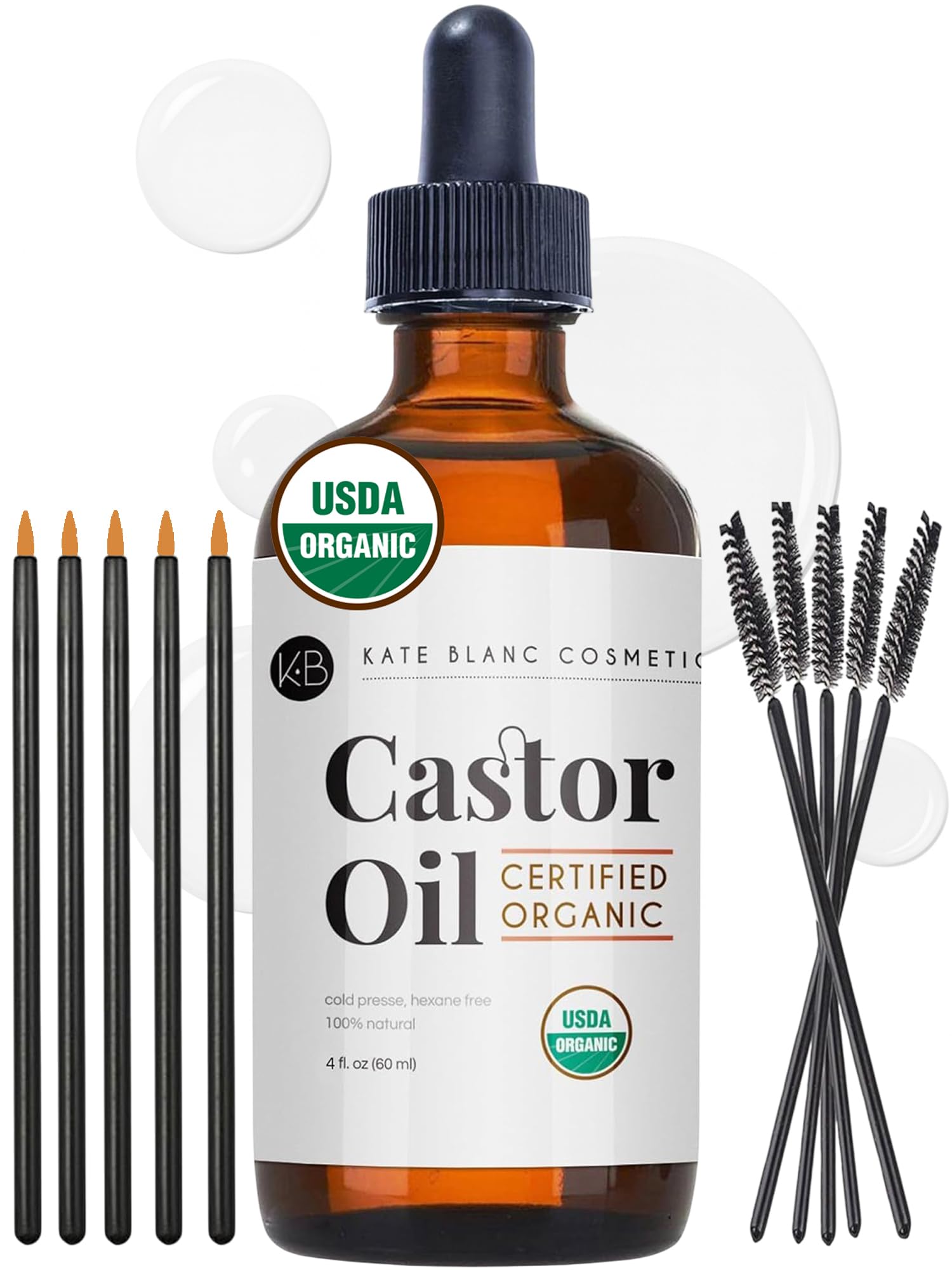 Kate Blanc Cosmetics Castor Oil Organic (4oz), 100% Pure, Cold Pressed, Hexane Free. Natural Oil for Hair, Eyelashes, Eyebrows. Skin Moisturizer with Starter Kit