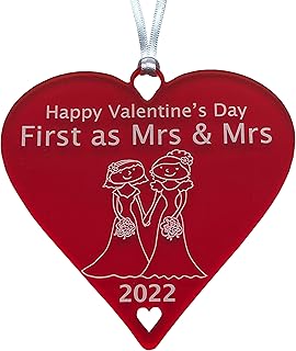 Mrs & Mrs 1st Valentines Day Married Two Brides St Valentine's 2023 Gifts First Name Wedding Day Keepsake Wife Christmas Ornament Personalised Surname Tree Decoration Anniversary Gift (10cm Heart)