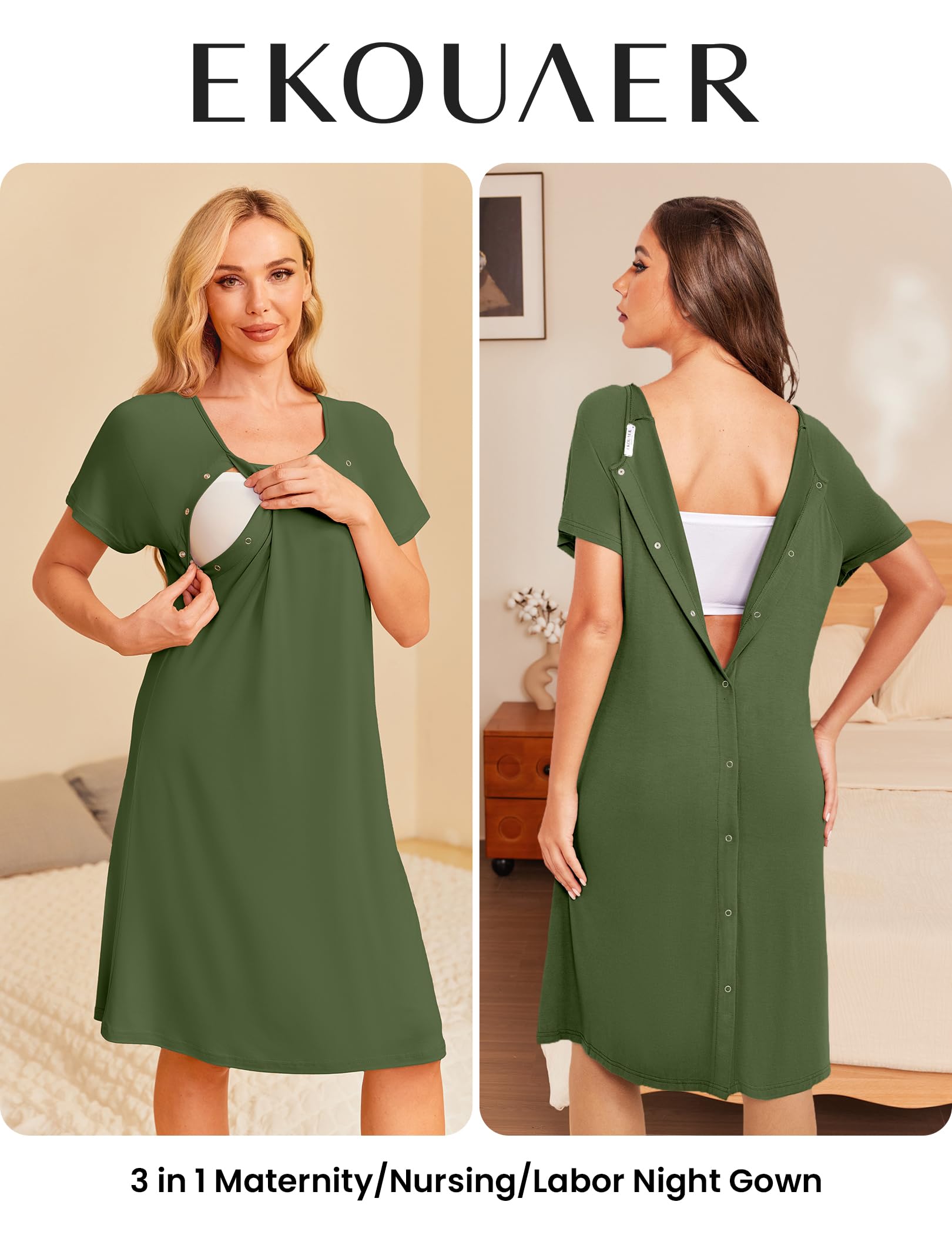 Ekouaer - Camicia da notte da donna per allattamento/parto/travaglio/ospedale, camicia da notte a maniche corte per maternità, camicia da notte con bottone S-XXL