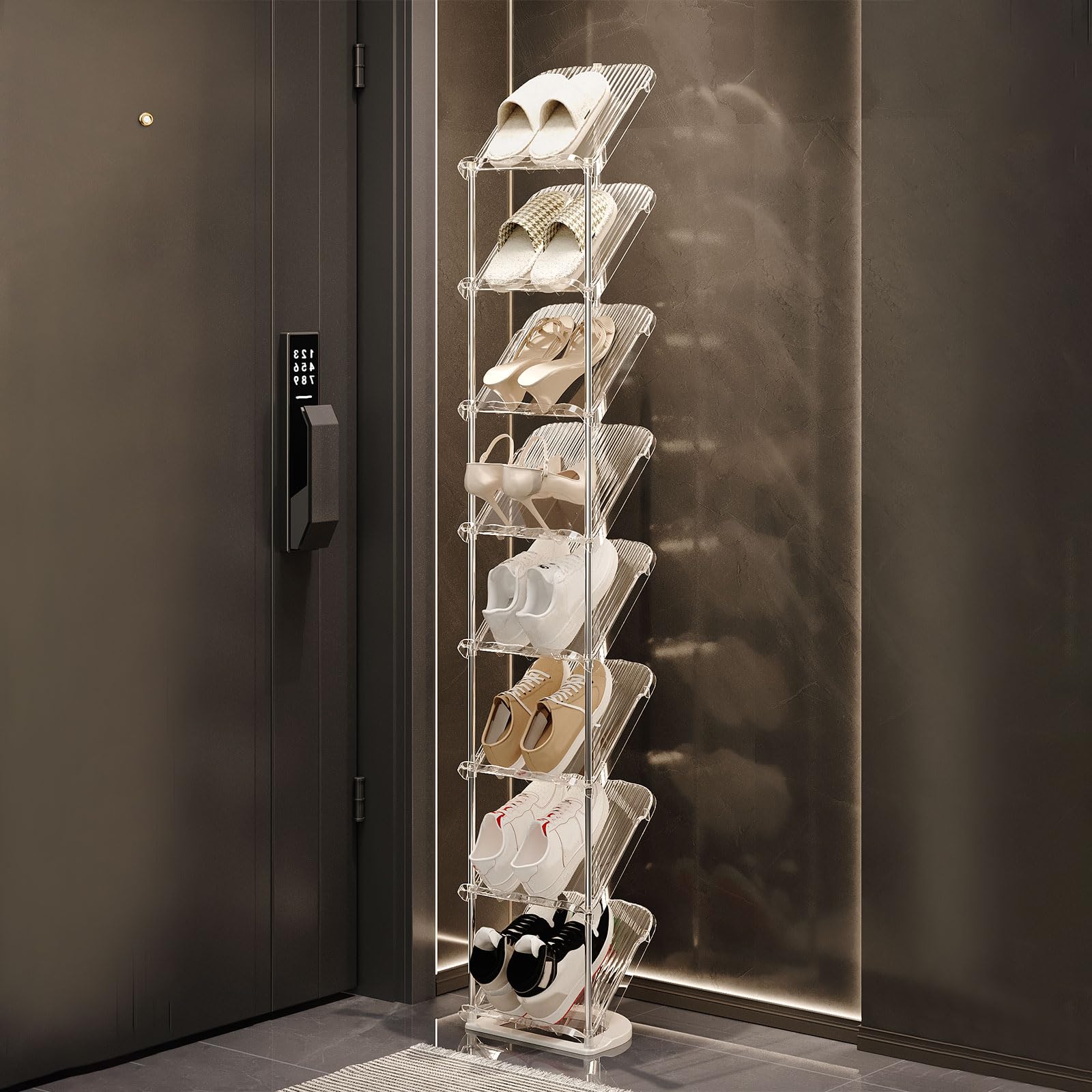 kiss me Sloping Narrow Shoe Rack,5/6/7/8 Tiers Transparent shoe rack small Slim Tall Shoe Storage Rack Vertical Shoe Shelf Stand Holder Organiser Indoor for Hallway, Entryway, Corner (White, 8 layers)
