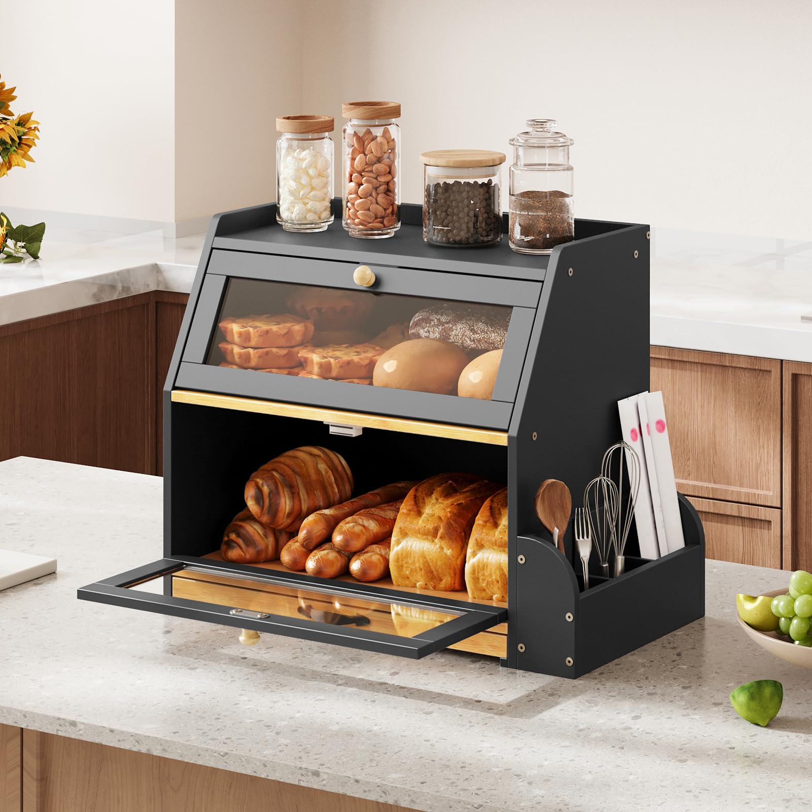 HOOBRO 2-stöckiger Brotkasten Bambus mit Schneidebrett und Besteckhalter, Brotbox mit Acryltüren, Brotkorb, Brotaufbewahrung, Brotbehälter für Küche und Esszimmer, Schwarz und Natur EBY23MB01