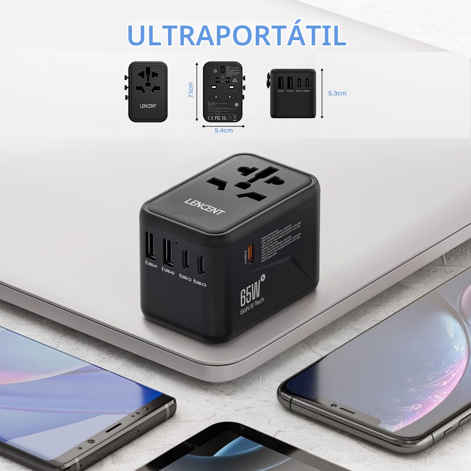 LENCENT Adaptador Enchufe Universal GAN III 65W, Cargador Internacional