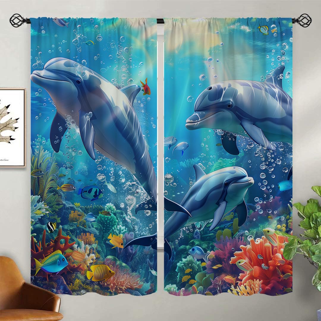 ONINUO Ocean Blackout Curtains for Girls Boy Home Decor, DolphinTropical Fish Underwater Animals Rod Pocket Thermal Insulated Drapes Darkening Window Curtain for Bedroom Living Room, 63 x 63 Inch