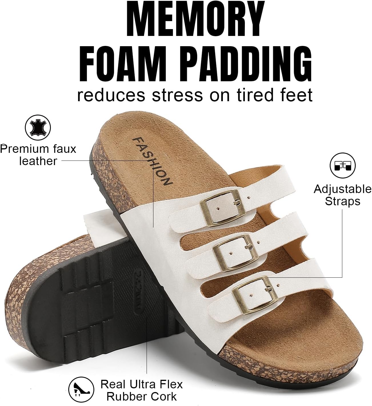 Women's Cork Footbed Sandals, Mens Open Toe Slides with Adjustable Buckle Comfort Slip On Slippers for Summer
