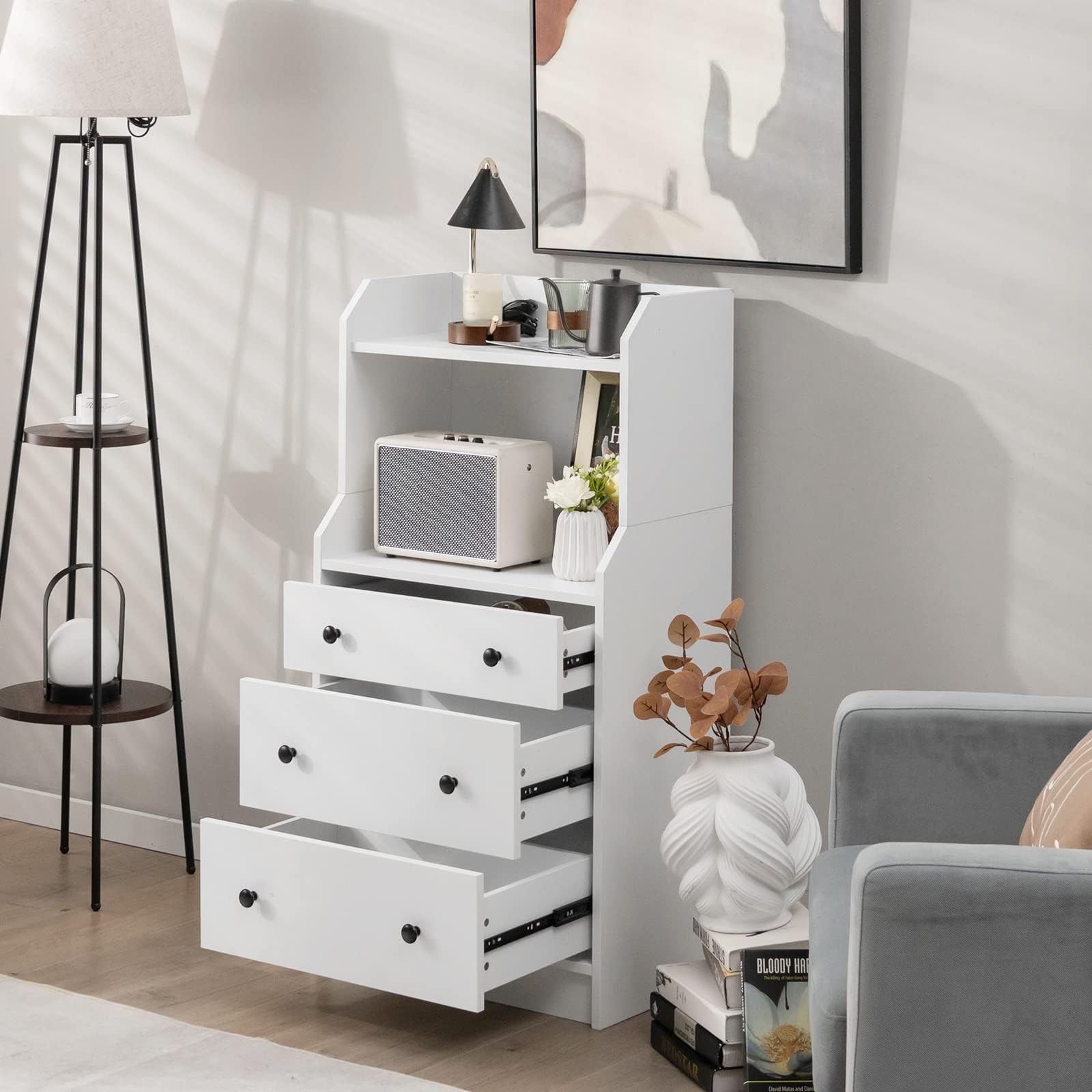 KOMFOTTEU Cómoda con 3 Cajones para Dormitorio con Dispositivo Antivuelco | Cajonera con Estantes Abiertos para Salón, Estudio, Mueble de Almacenamiento, Armario Auxiliar, 58 x 36 x 111 cm, Blanco