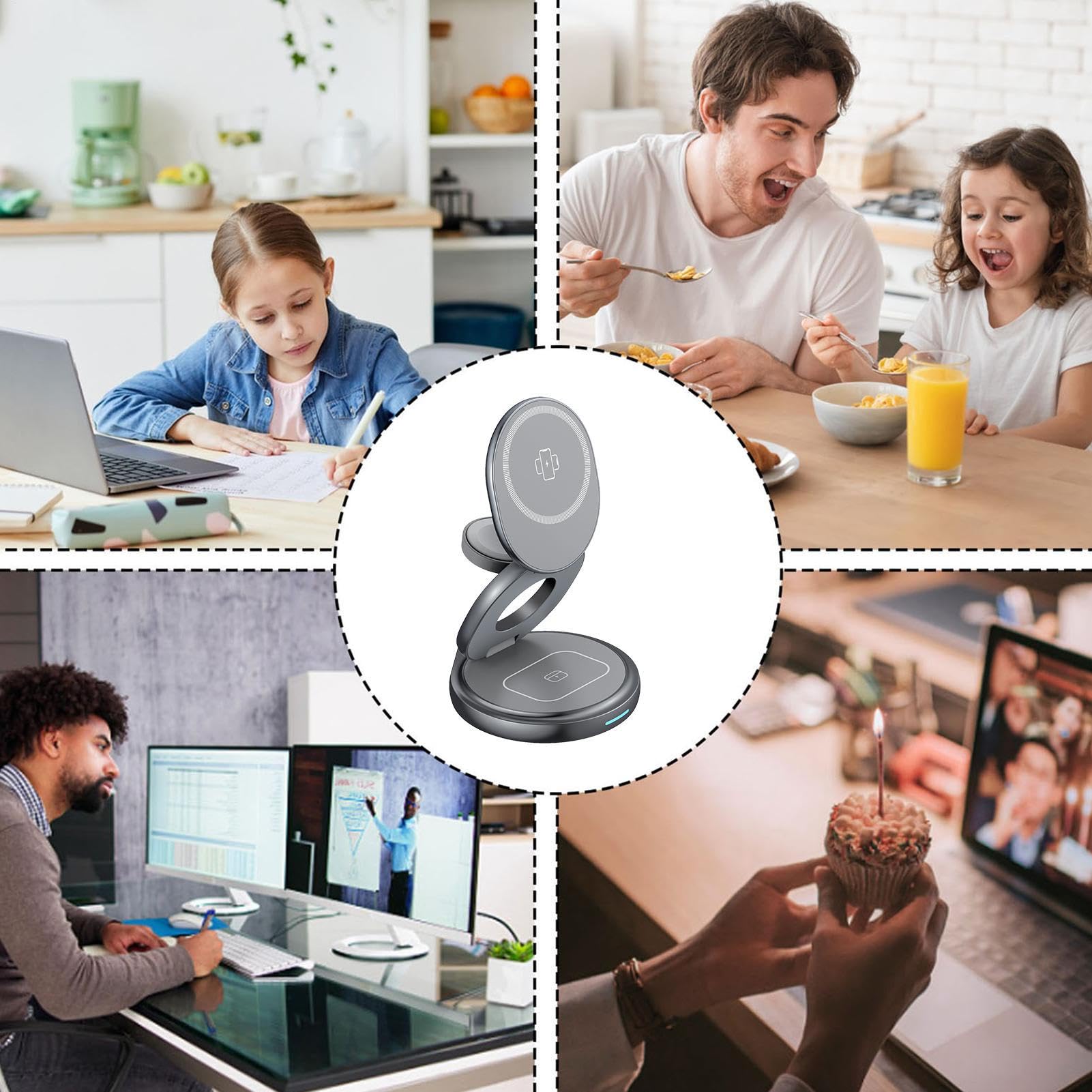 Caricatore Magnetico Portatile Supporto Pieghevole per Ricarica | Base di Ricarica per Telefono Per Multipli Dispositivi Orologi Auricolari Famiglia Casa Interno Esterno e Viaggio