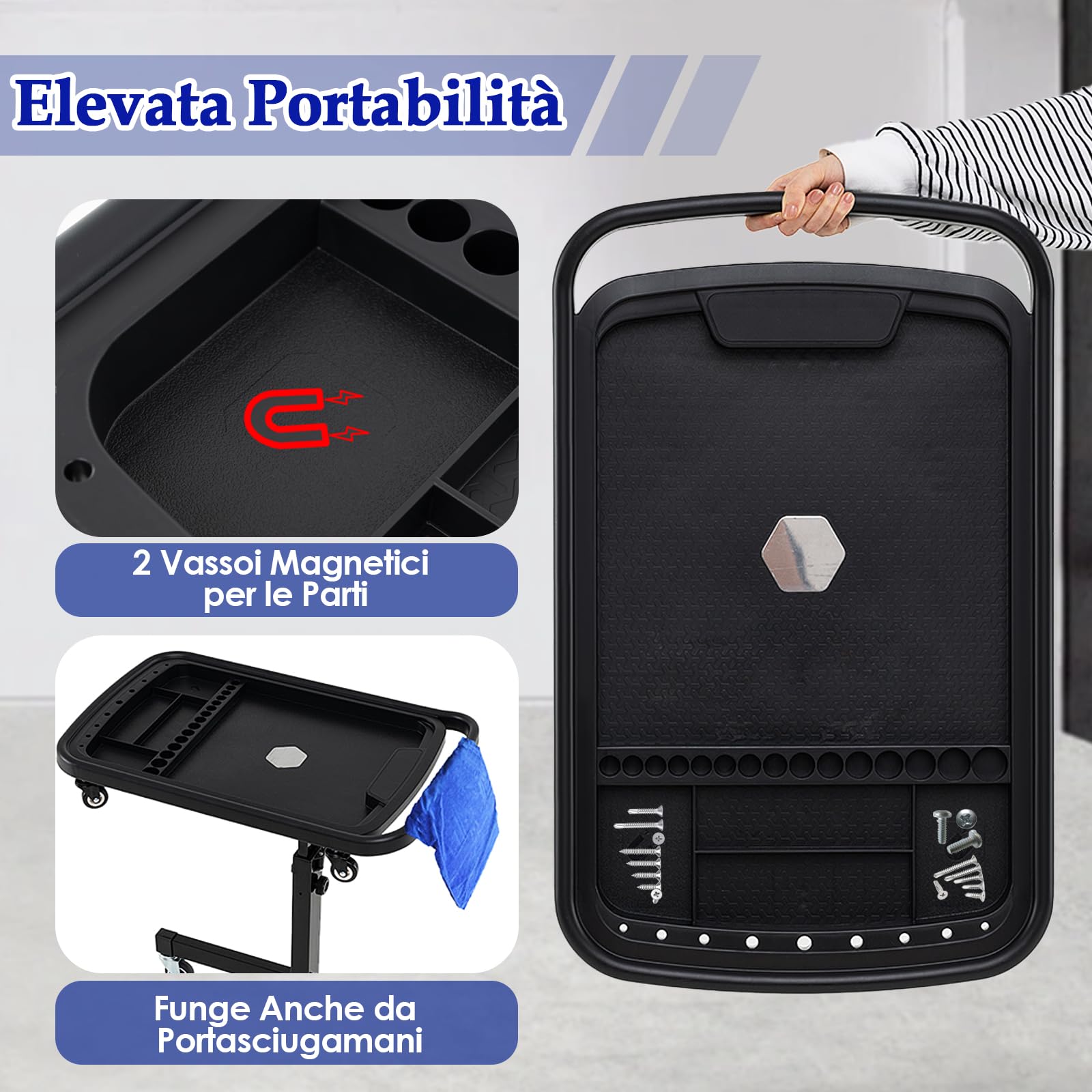 GYMAX Vassoio Portautensili Rotante, Tavolo da Lavoro 2 in 1 e Carrello Portautensili con Ruote, Vassoi Magnetici per Parti, Carrello Portautensili con Altezza Regolabile, Stazione di Lavoro