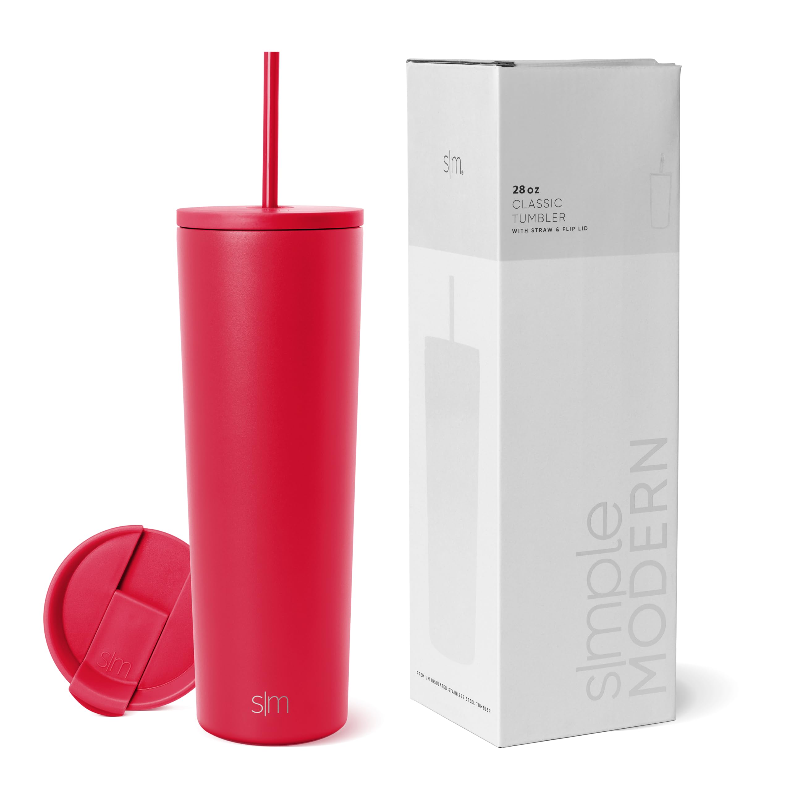 Simple Modern Insulated Tumbler with Lid and Straw | Iced Coffee Cup Reusable Stainless Steel Water Bottle Travel Mug | Gifts for Women Men Her Him | Classic Collection | 28oz | Ember Red