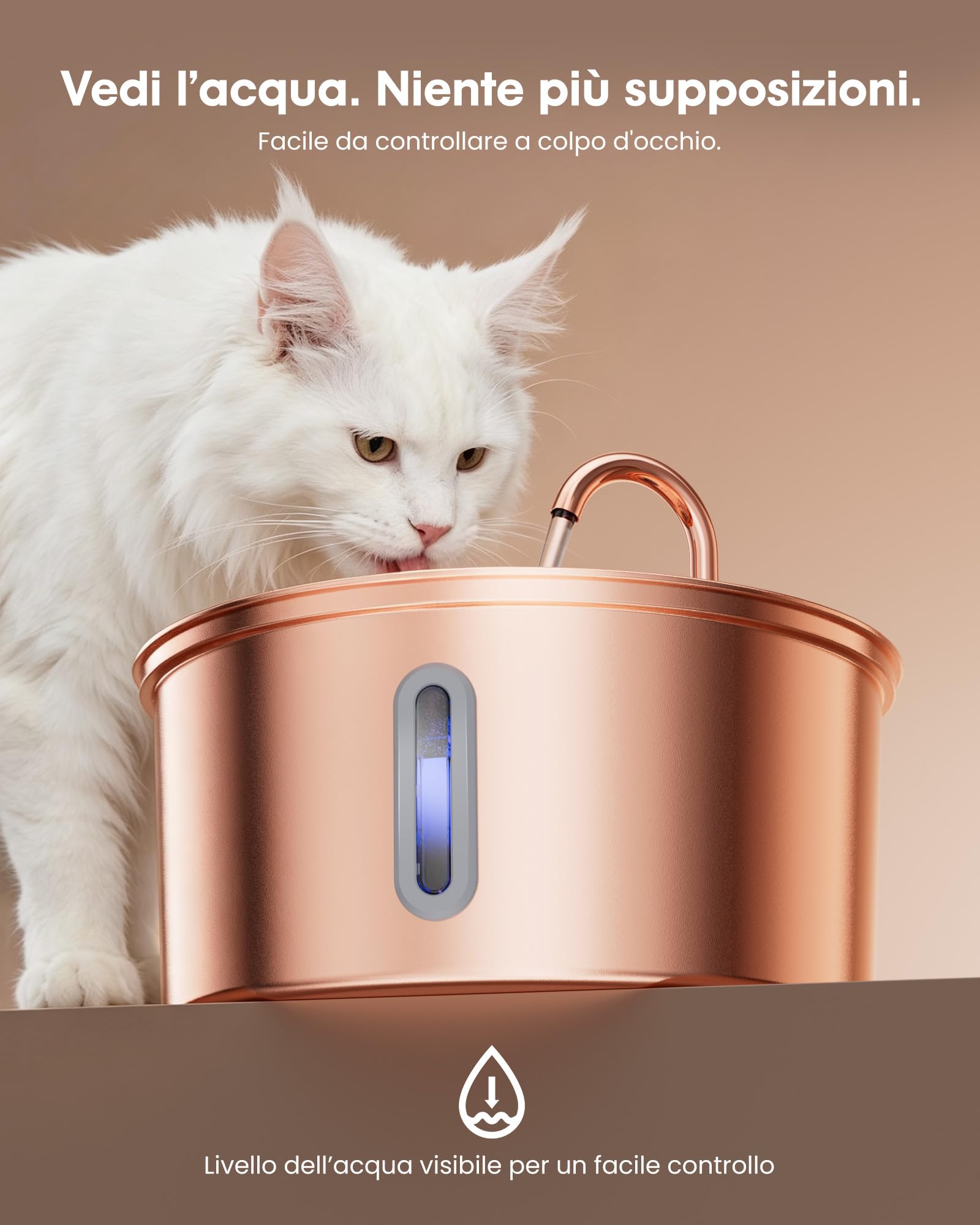 Kittyspout Fontana per gatti da 3,2 l, in acciaio inox, con 3 filtri e finestrella | Fontana particolarmente silenziosa per gatti e cani di piccola taglia, con delicata illuminazione a LED, superficie in rame
