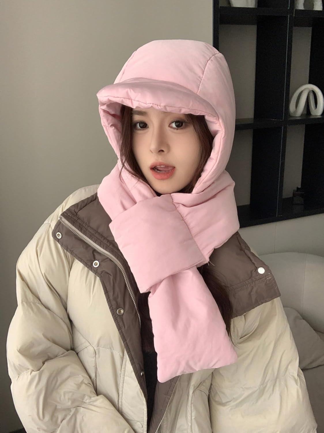 2024 Winter Down Cotton Hat Windproof Hooded Scarf Peaked Cap Set Soft Warm Balaclava Skull Cap Earflap Beanie Hat(Pink)