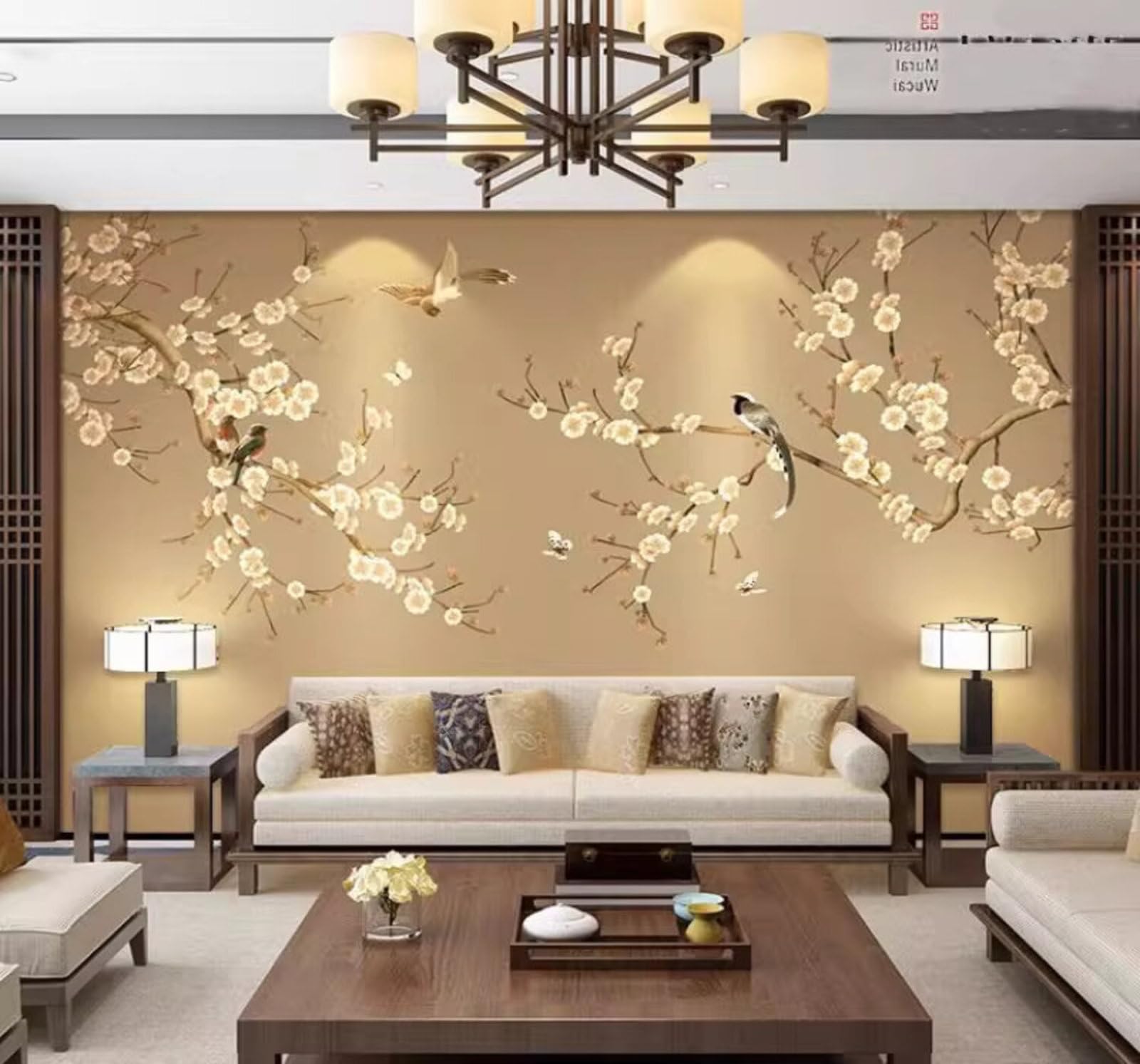 Hand Drawn Minimalist Vintage Elegant Flowers and Birds 3D Wallpaper Easy Install Feature Office Living Room Sofa Bedroom TV Background Wall Decoration-250cm×170cm