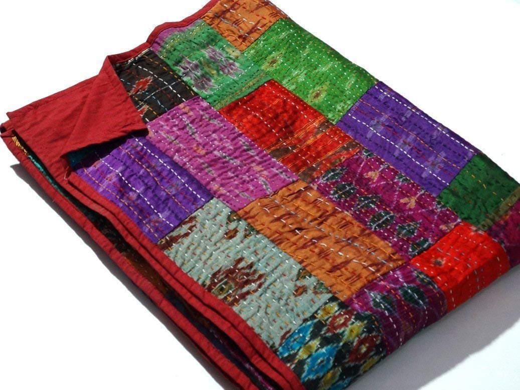 Sophia Art Indian Quilt -Vintage Quilt Old Patola Indian Silk Sari Kantha Quilted Patchwork Bedspread Bohemian Kantha Throws Silk Patola Quilt, Bed Cover,Size 90