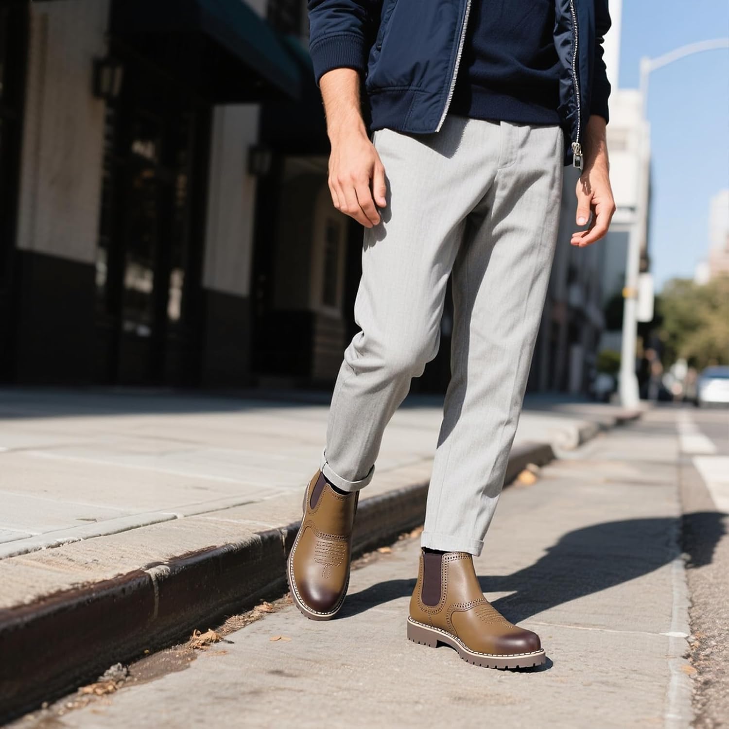 Chelsea Boots for Men, Cowboy Boots Square Toe Men's Lightweight Pull-On Work Boots Embossed Print Low Top Elastic Band Casual Boots for Wedding Party & Daily Wear - Image 5