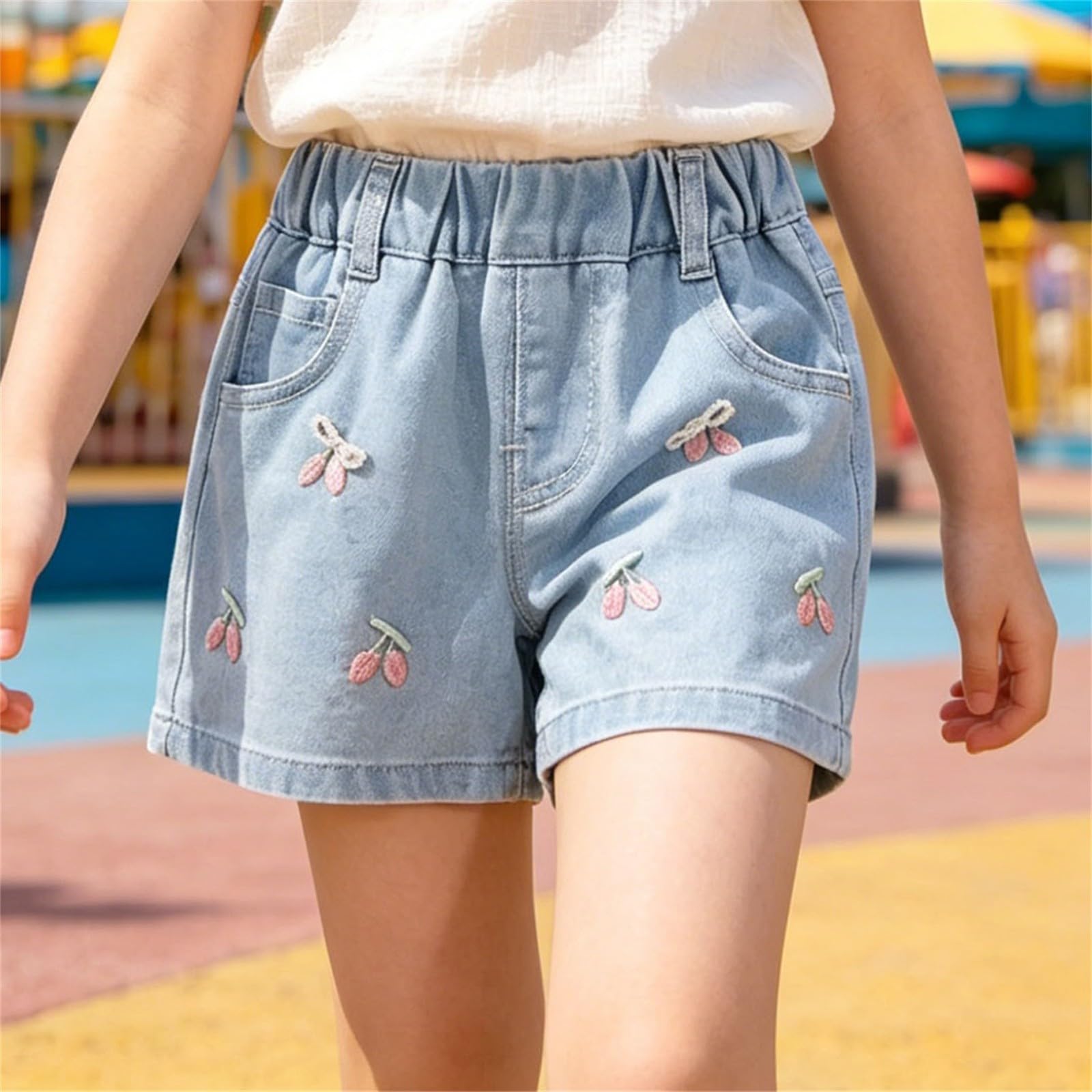 Pantalones cortos de mezclilla bordados para niñas, cintura alta, pierna ancha, pantalones cortos casuales de moda holgados de pierna recta con bolsillos para adolescentes, niñas, verano, playa