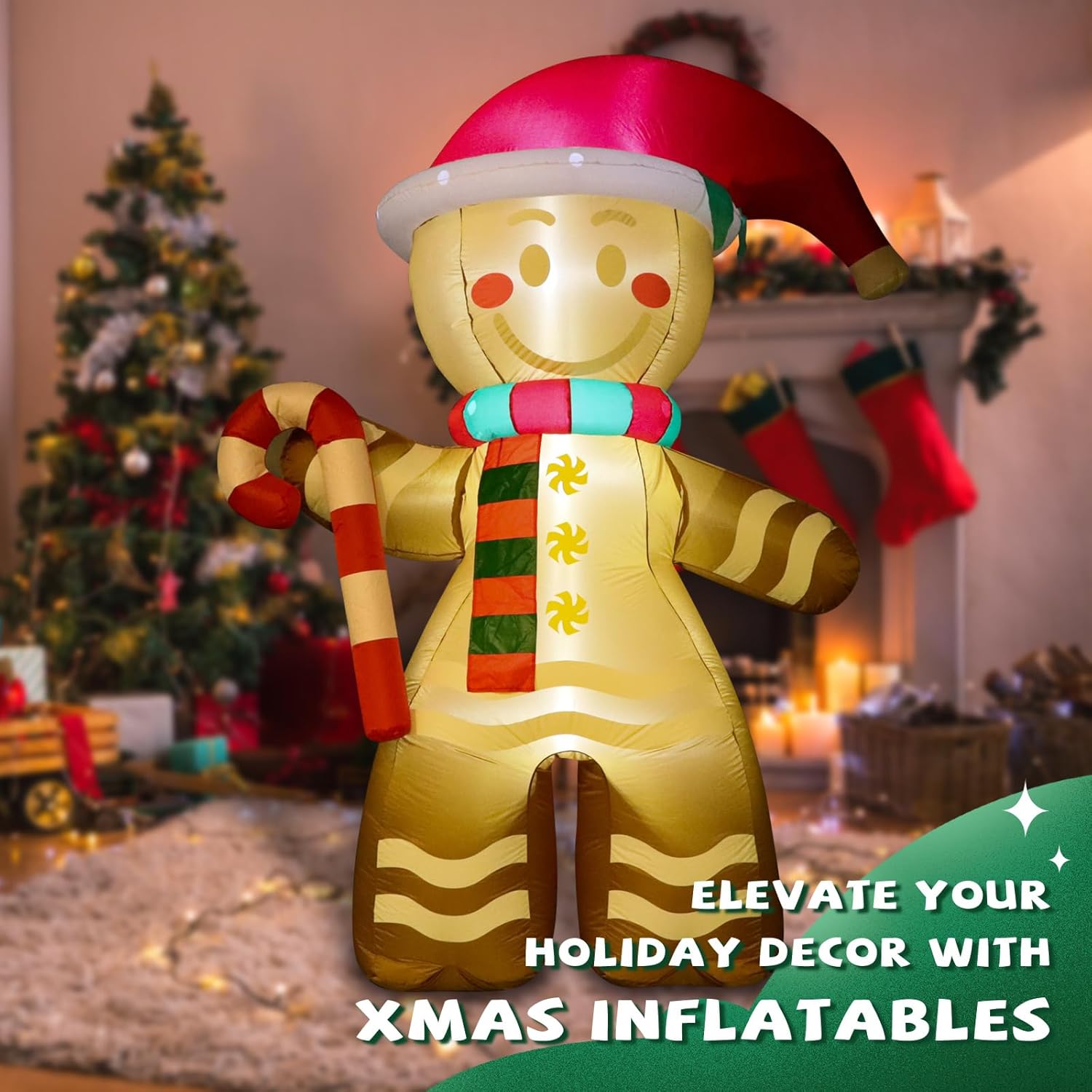 Action Air 7.9 ft Giant Inflatable Gingerbread Man Christmas Decoration, Outdoor Holiday Yard Decor LED Lighted