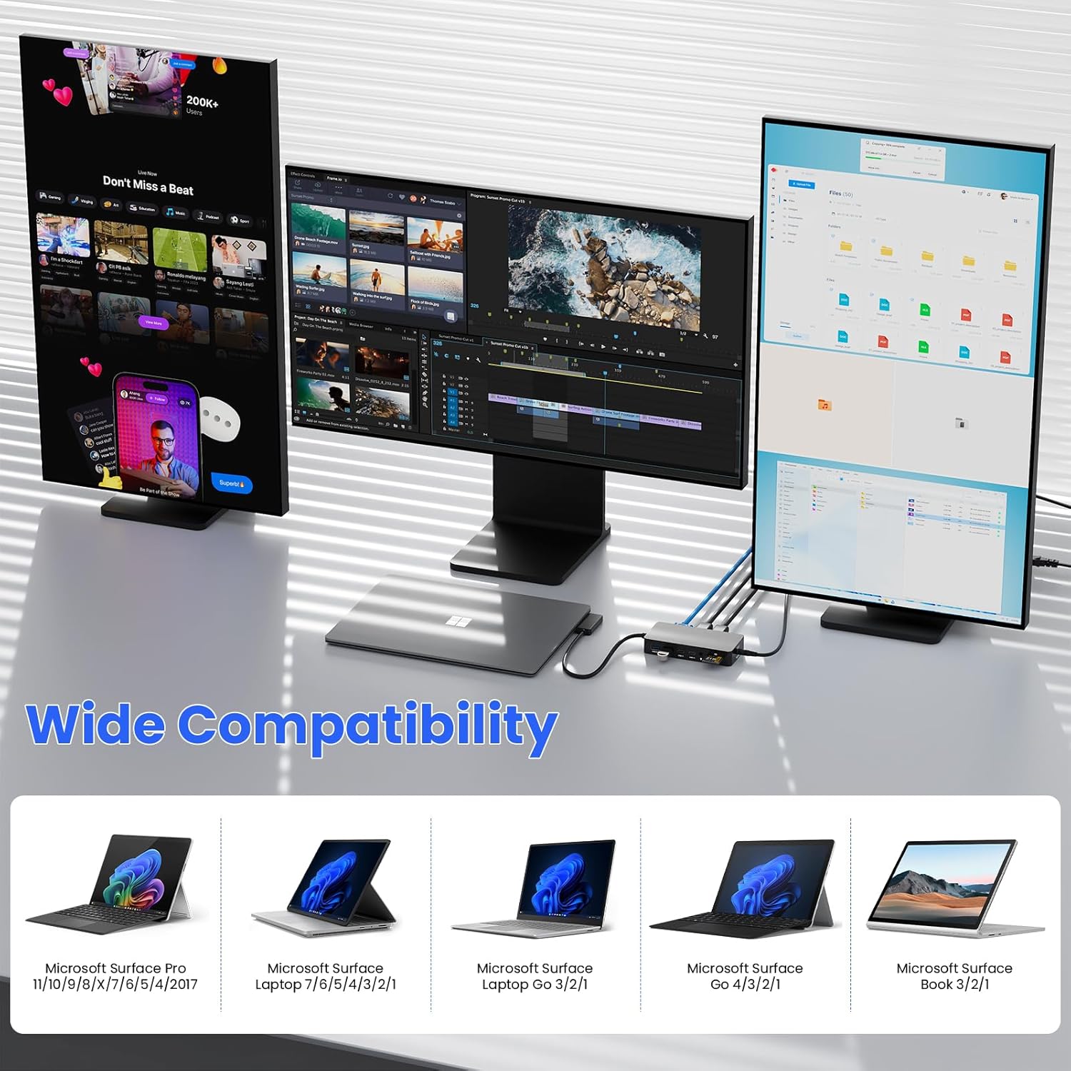 Surface Docking Station with Power Adapter, 12-in-1 Surface Dock, Triple Monitor 4K HDMI & VGA, Ethernet, USB Hub, SD/TF Card Reader for Surface Pro/Laptop/Book (HDMI + HDMI + VGA)