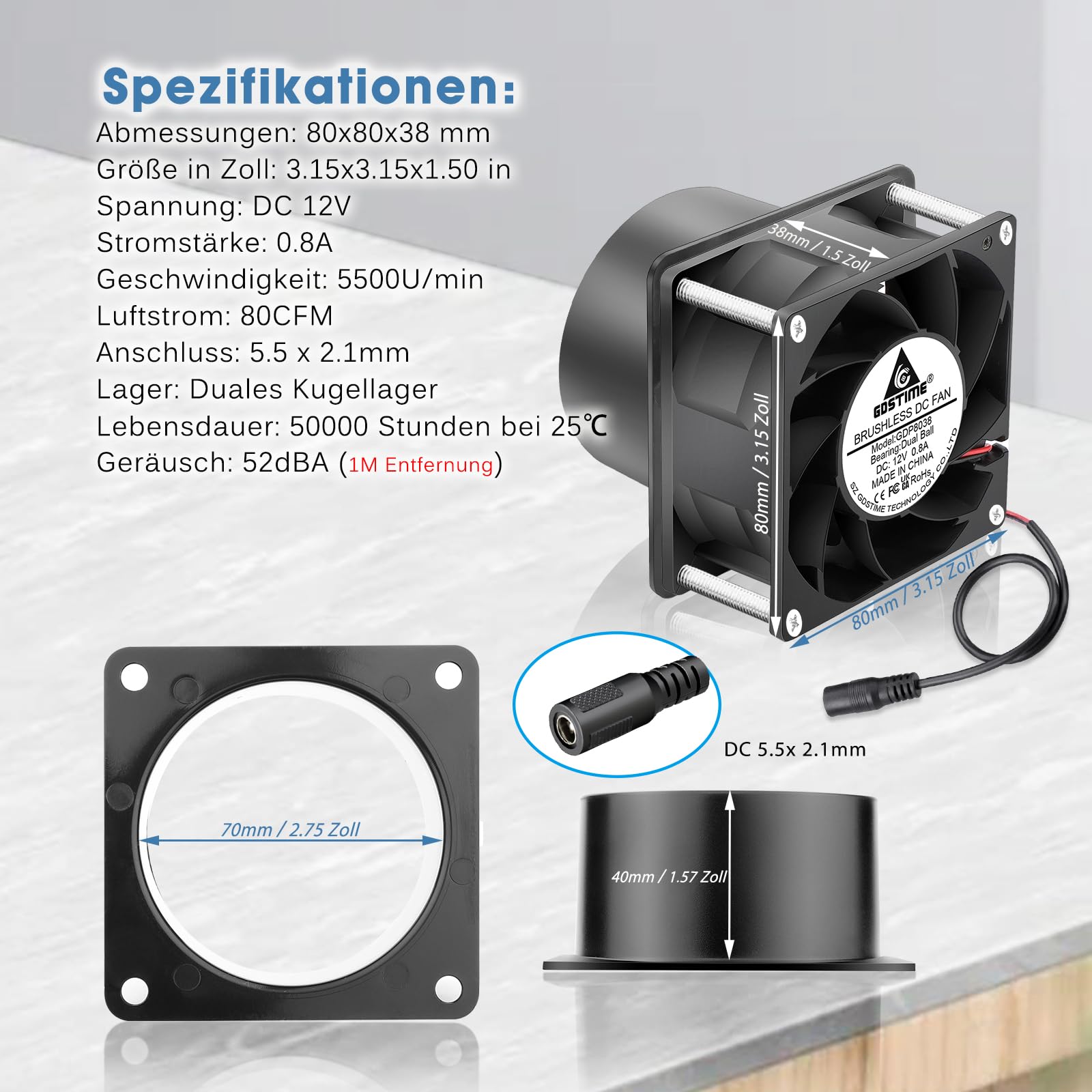 GDSTIME Ventilateur de tuyau 80 mm 230 V à double roulement à billes 5500 tr/min