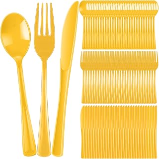 300 Pcs Plastic Silverware Heavy Duty Cutlery Set Plastic Utensils Set Includes 100 Disposable Spoons 100 Forks Knives for Parties Catering Family Gathering(Yellow)