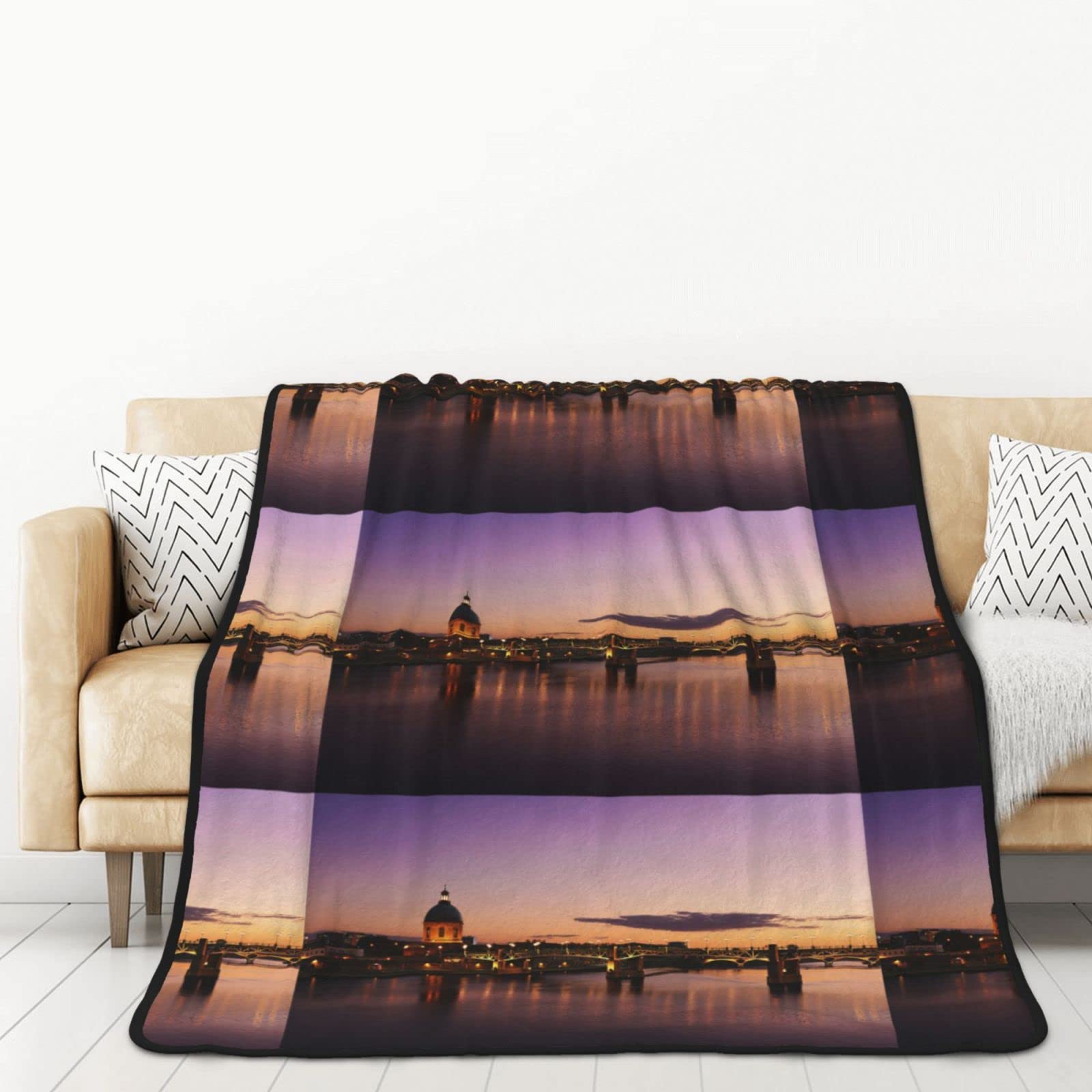 Couverture polaire flanelle Toulouse design coucher de soleil | Grand plaid premium lit et canapé