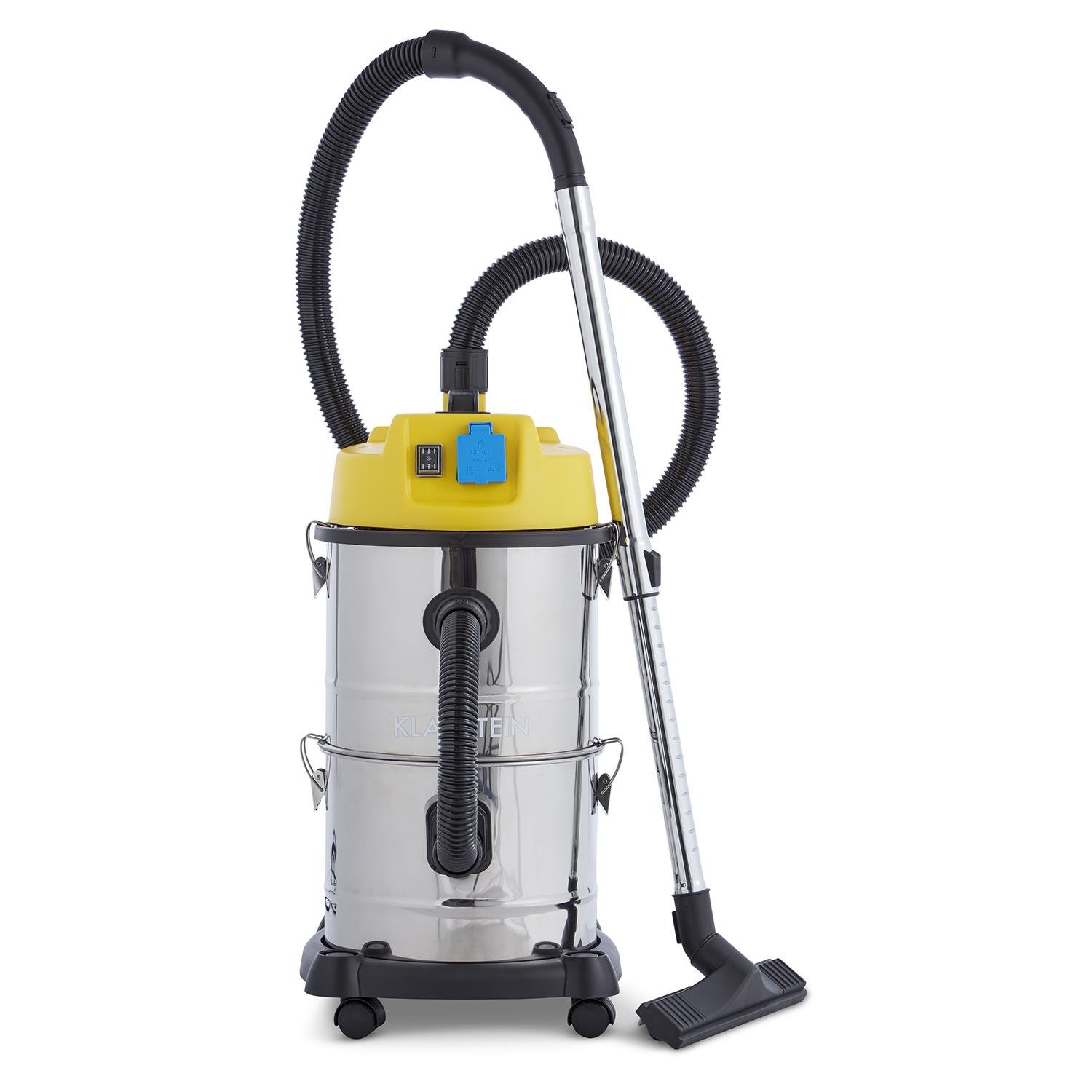 Klarstein Reinraum - Industriesauger, Nasssauger, Aschesauger, Trockensauger, 1800 Watt, Auffangfilter, Gebläsefunktion, 30 Liter Edelstahl-Behälter, integrierte Steckdose, silber-gelb