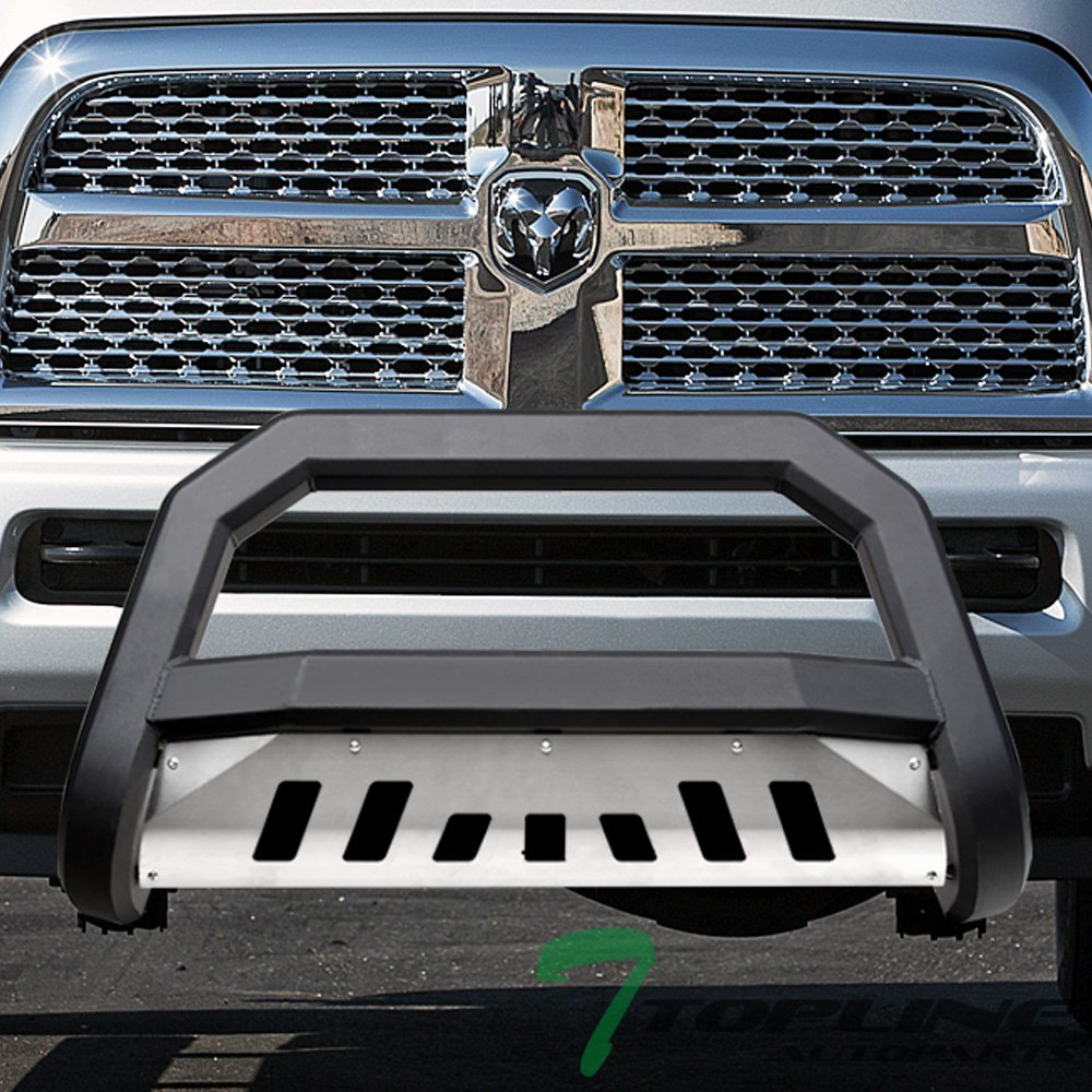 Matte Black AVT Style Bull Bar Brush Push Front Bumper Grill Grille Guard with Aluminum Skid Plate Compatible with 10-18 Dodge Ram 2500/3500