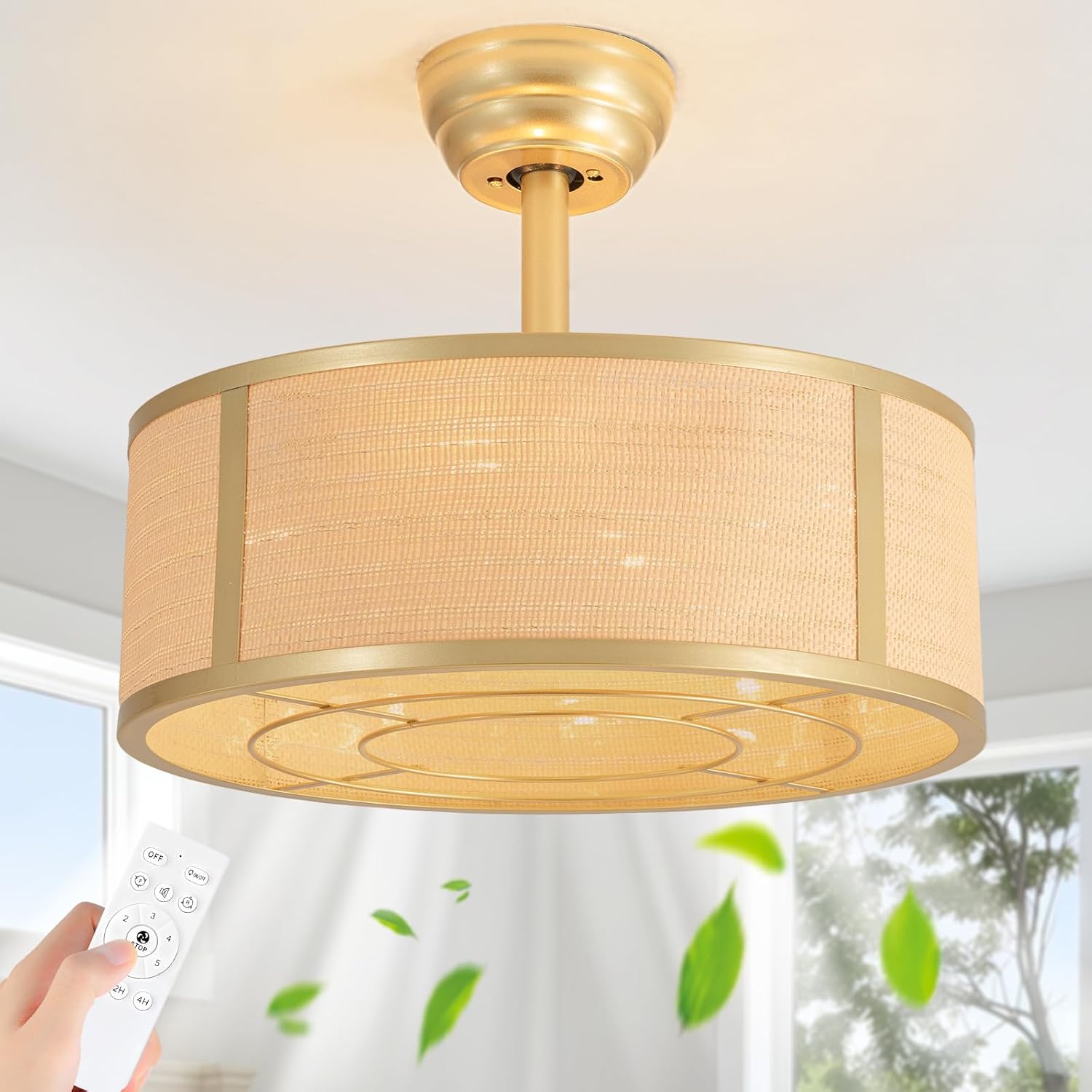 Boho Rattan Fandelier Ceiling Fans with Lights and Remote Control,Modern Gold Caged Chandelier Fan with 6 Speeds for Bedroom,Nursery,Dining Room,4-Lights(Gold) Golden 0238