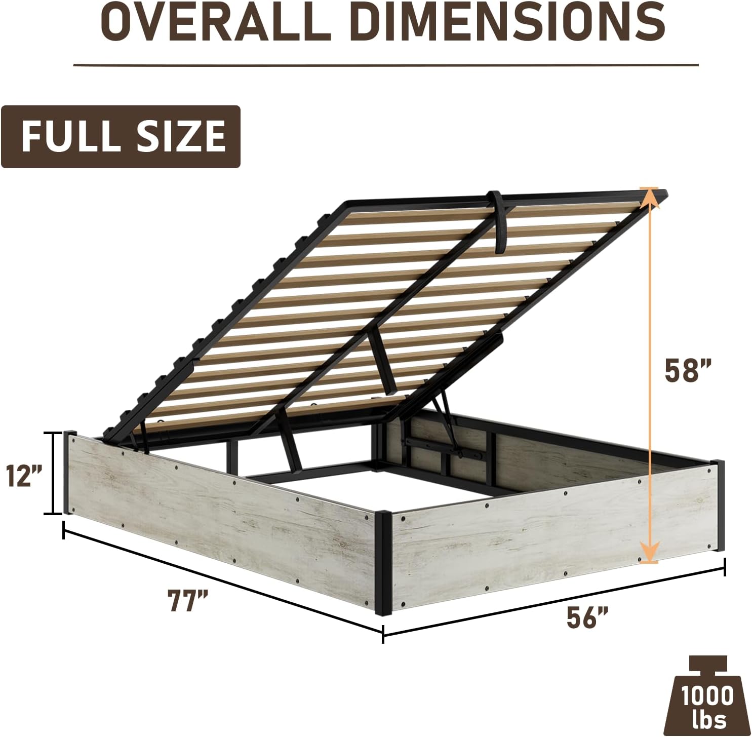 YUMPIE Lift Up Storage Bed Frame, Full Size Wooden Platform Bed with Large Storage Underneath, No Box Spring Needed, Noise Free, Distressed White