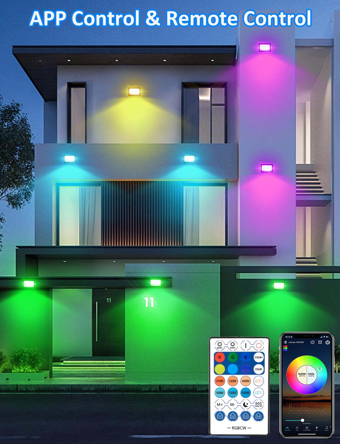 NATPOW Faretto LED per esterni 30W, faretti led esterno con telecomando e controllo app Bluetooth, dimmerabile proiettori che cambia colore, IP66 impermeabile per giardino, cortile, feste (4 pezzi)