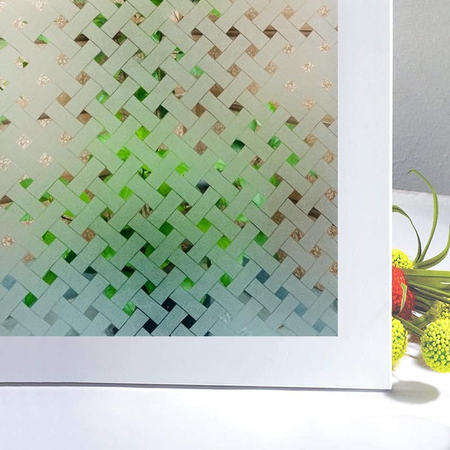 SUNBIRD Window Privacy Film Bamboo Frosted Glass Films, Self-Adhesive Static Cling Window Stickers, Anti-UV, Heat Insulation for Living Room Kitchen (12 X 48 Inch, Weave Cross)