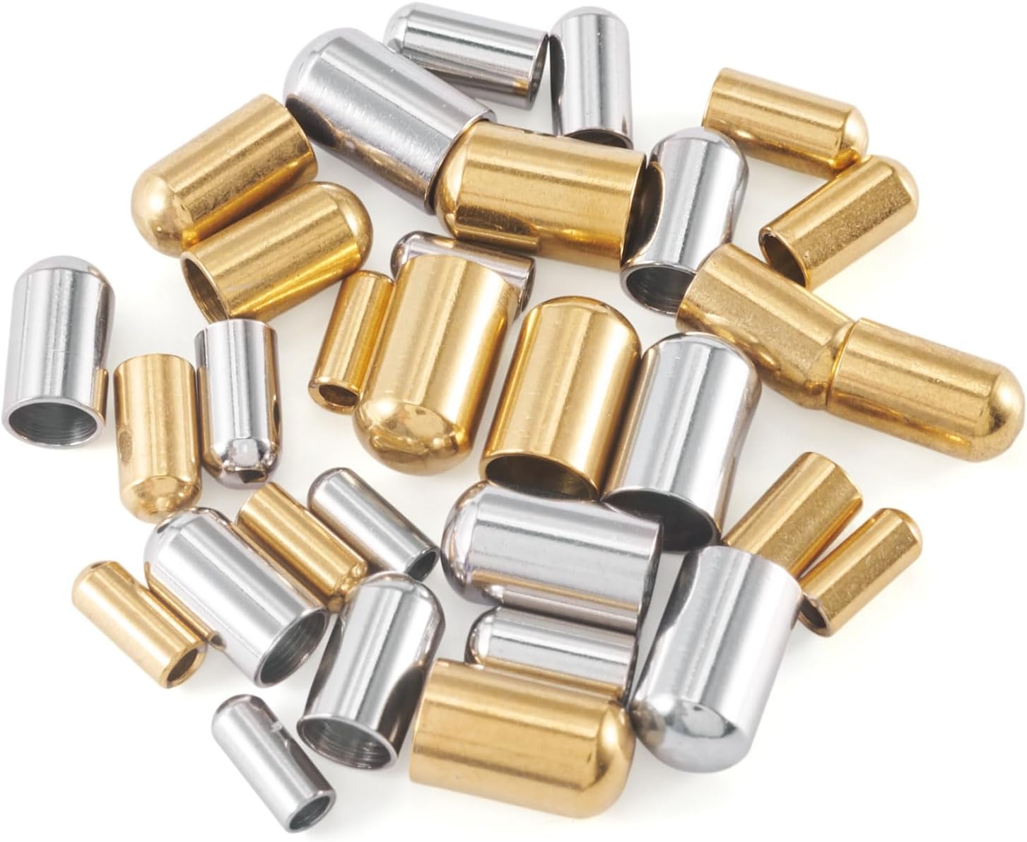 Craftdady 32pcs Column Stainless Steel Cord End Golden Leather End Caps 2mm 3mm 4mm 5mm Inner Diameter Terminators Cord Finding for DIY Craft Bracelet Jewelry Making