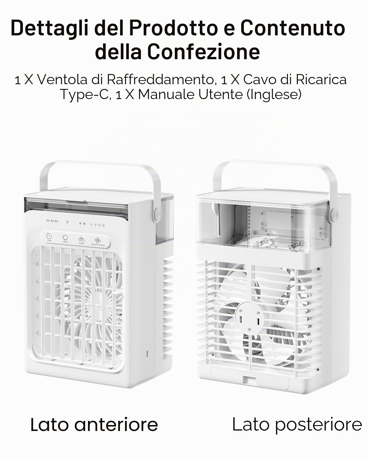Mini Condizionatore Portatile, Ventilatore con Ghiaccio, 1000 ML Raffrescatore d'Aria con Doppio Motore, 3 Velocità, Nebbia Fredda, Timer 2/4/6H, Luci LED, per Casa, Ufficio (Bianco‌)