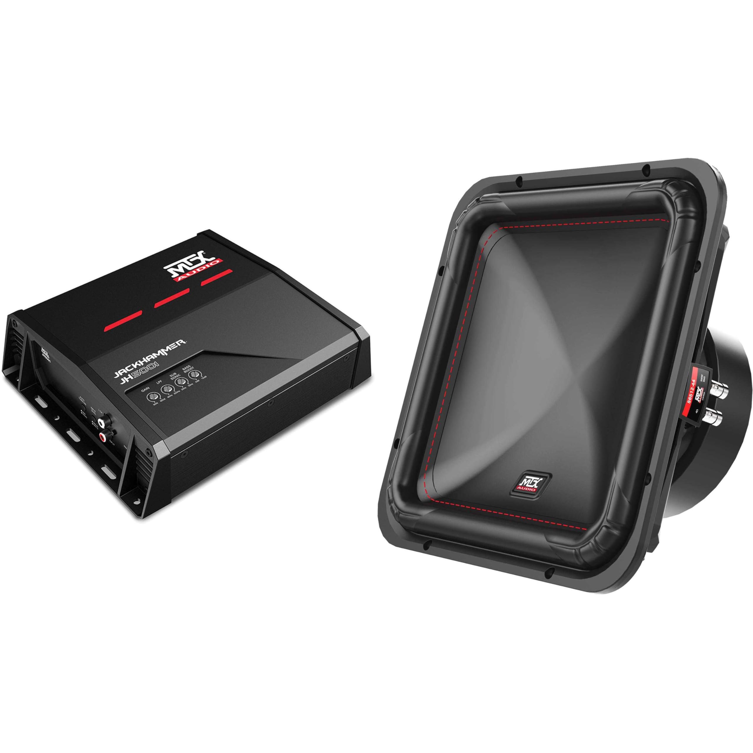 MTX JH5001 Jackhammer Series 500W x 1 @ 1-Ohm Class D Mono Block Amplifier, and MTX S6512-44 S65-Series Square 12