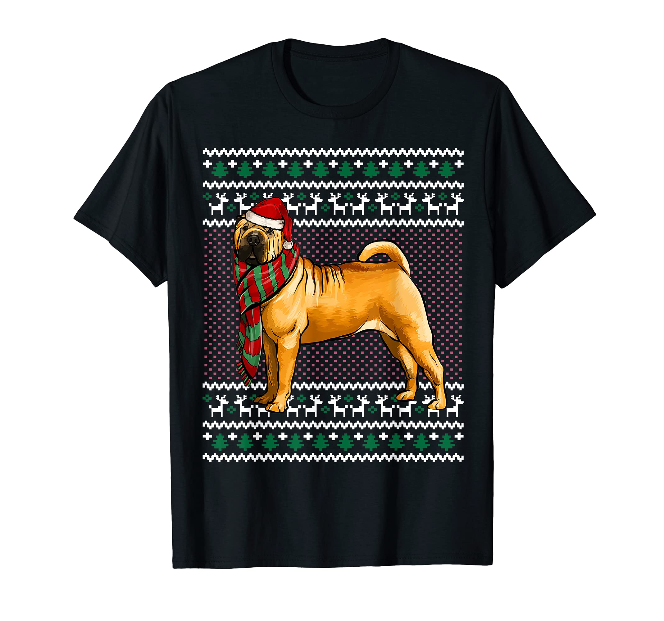 Xmas Chinese Shar-Pei Dog Santa Hat Ugly Christmas T-Shirt, Black