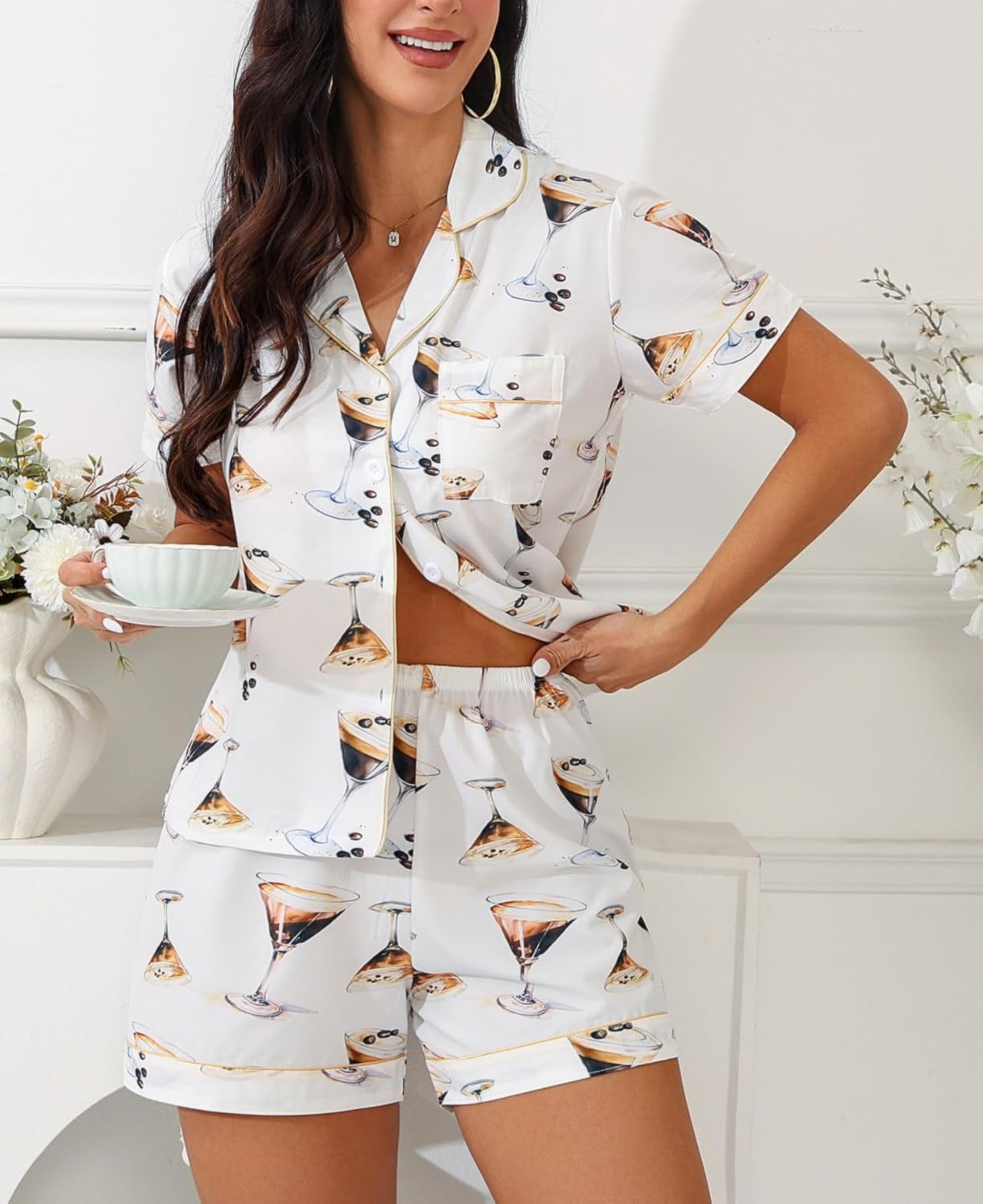 X-Image Women's Pajamas Shorts Sets 2 Piece Cute Bow Pj Set Short Sleeve Button Down Shirt Shorts Sleepwear Lounge Sets - Image 6